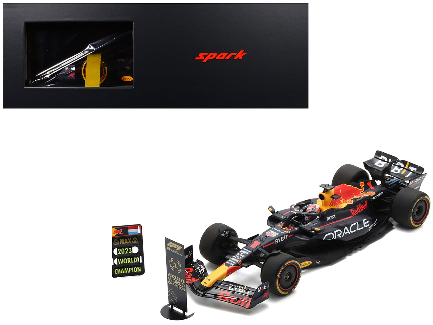 Red Bull Racing RB19 #1 Max Verstappen "Oracle" 2nd Place Formula One F1 "Qatar Sprint Race" (2023) with Number and Pit Board and Acrylic Display Case 1/18 Model Car by Spark