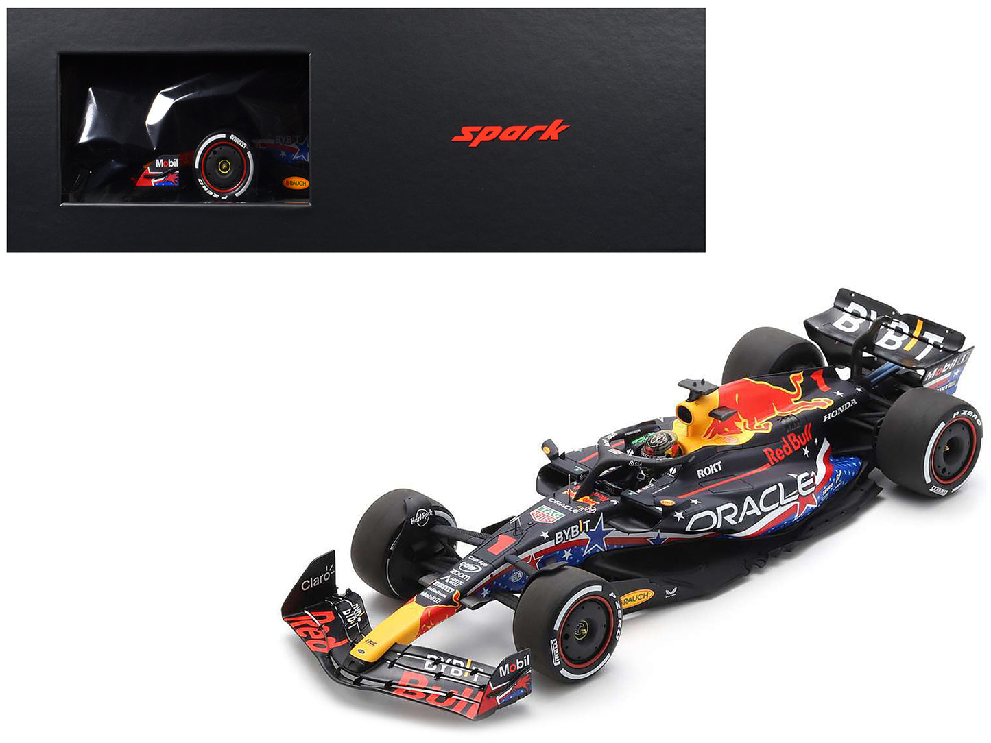 Red Bull Racing RB19 #1 Max Verstappen "Oracle" Winner Formula One F1 "United States GP" (2023) and Acrylic Display Case 1/18 Model Car by Spark