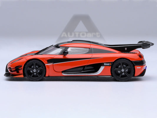 Koenigsegg One:1 Lava Orange with Carbon and Silver Stripes 1/64 Diecast Model Car by Autoart