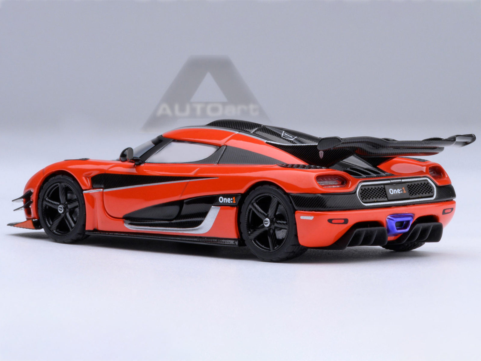 Koenigsegg One:1 Lava Orange with Carbon and Silver Stripes 1/64 Diecast Model Car by Autoart