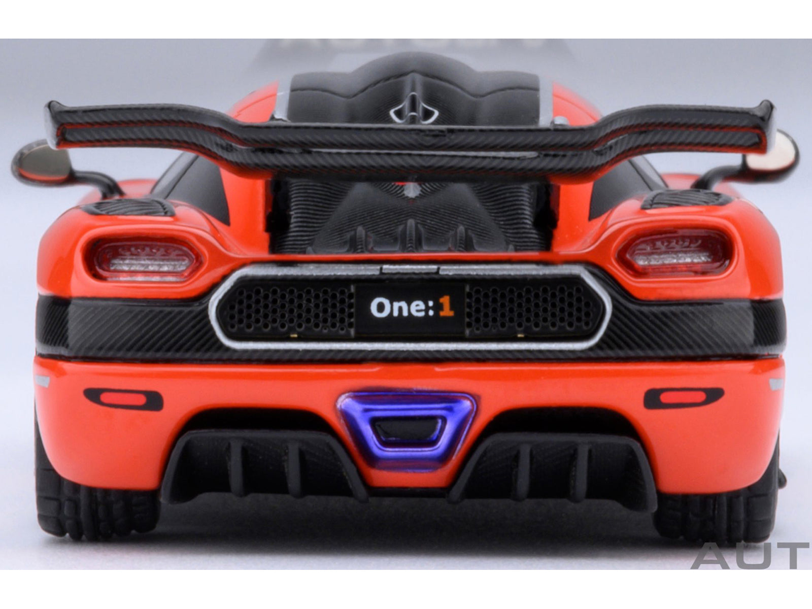 Koenigsegg One:1 Lava Orange with Carbon and Silver Stripes 1/64 Diecast Model Car by Autoart