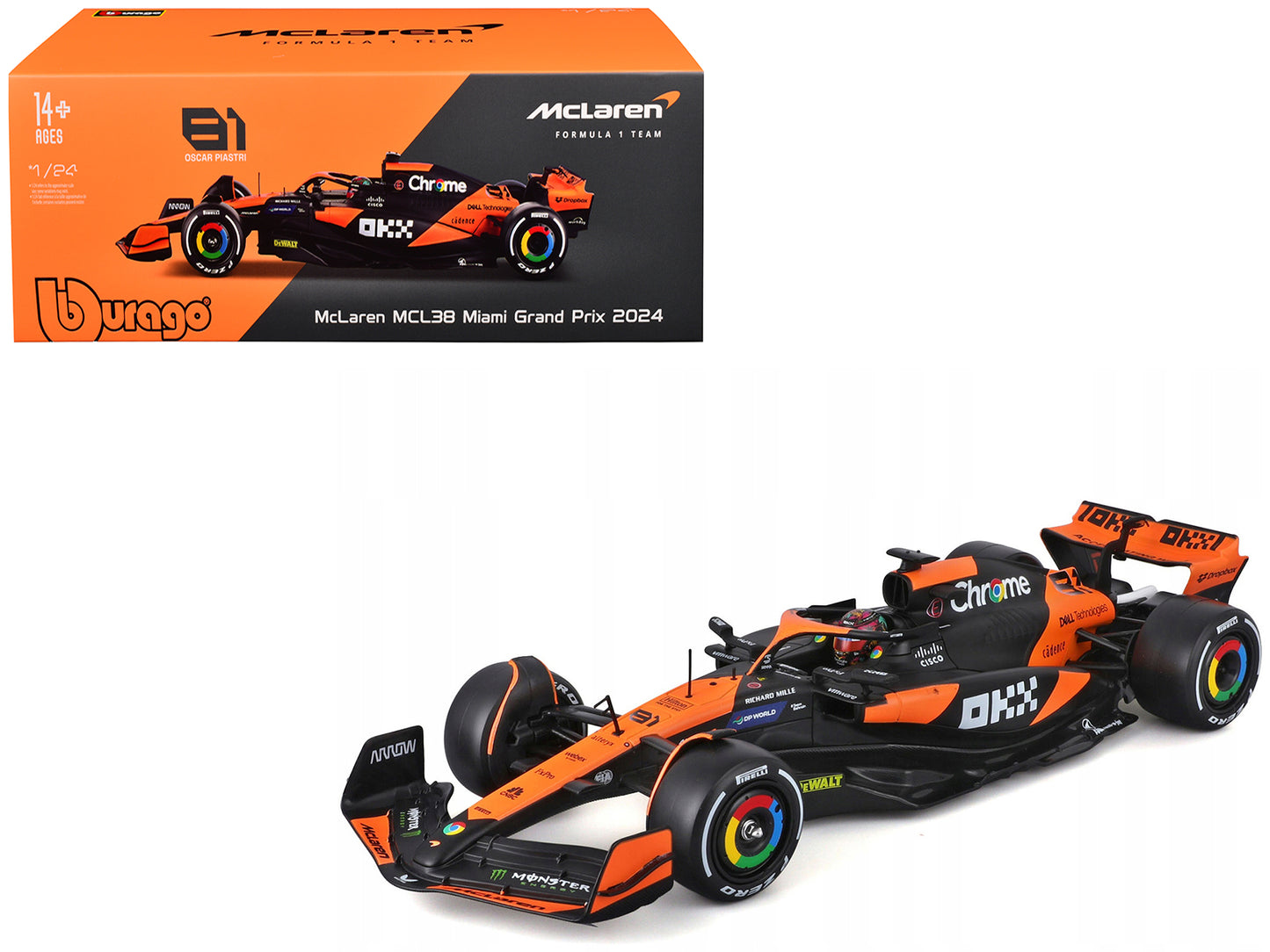 McLaren MCL38 #81 Oscar Piastri "OKX" Formula One F1 "Miami GP" (2024) with Display Case 1/24 Diecast Model Car by Bburago