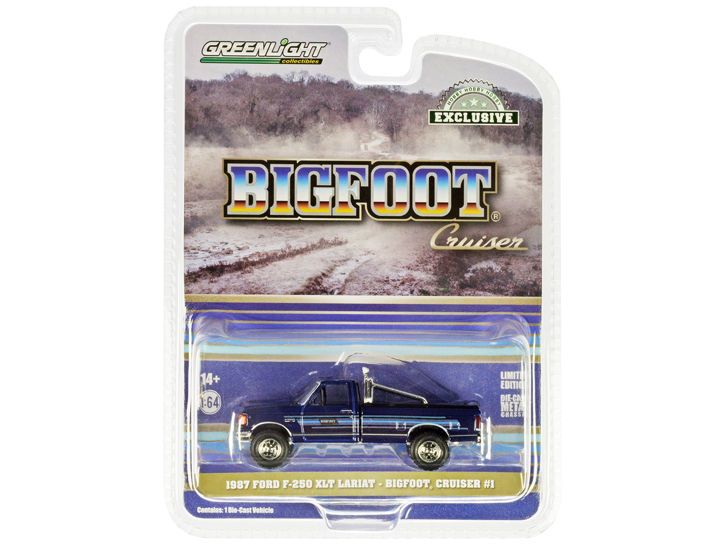 1987 Ford F-250 XLT Lariat Pickup Truck Blue with Stripes and Blue Interior "Bigfoot Cruiser #1" "Hobby Exclusive" Series 1/64 Diecast Model Car by Greenlight