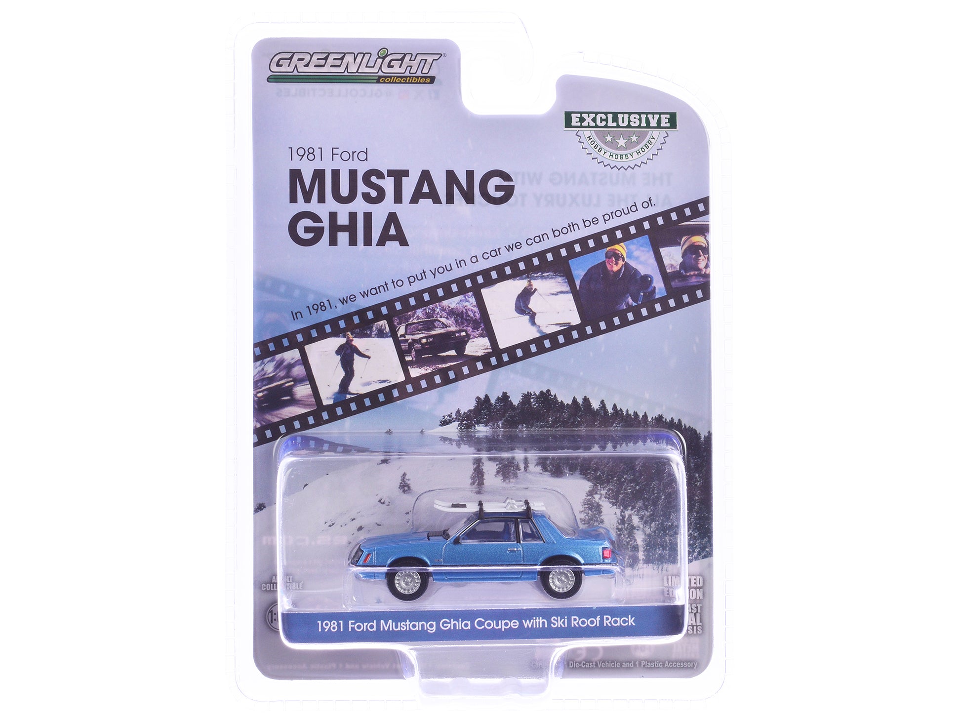 1981 Ford Mustang Ghia Coupe Blue Glow Metallic with Ski Roof Rack "Hobby Exclusive" Series 1/64 Diecast Model Car by Greenlight