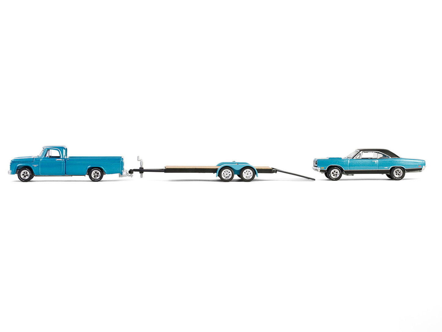 1969 Plymouth GTX Turquoise Metallic and 1967 Dodge D-200 Pickup Truck Turquoise Metallic with Flatbed Trailer "Graveyard Carz" (2012-Current) TV Series "Hollywood Hitch & Tow" Series 13 1/64 Diecast Model Cars by Greenlight