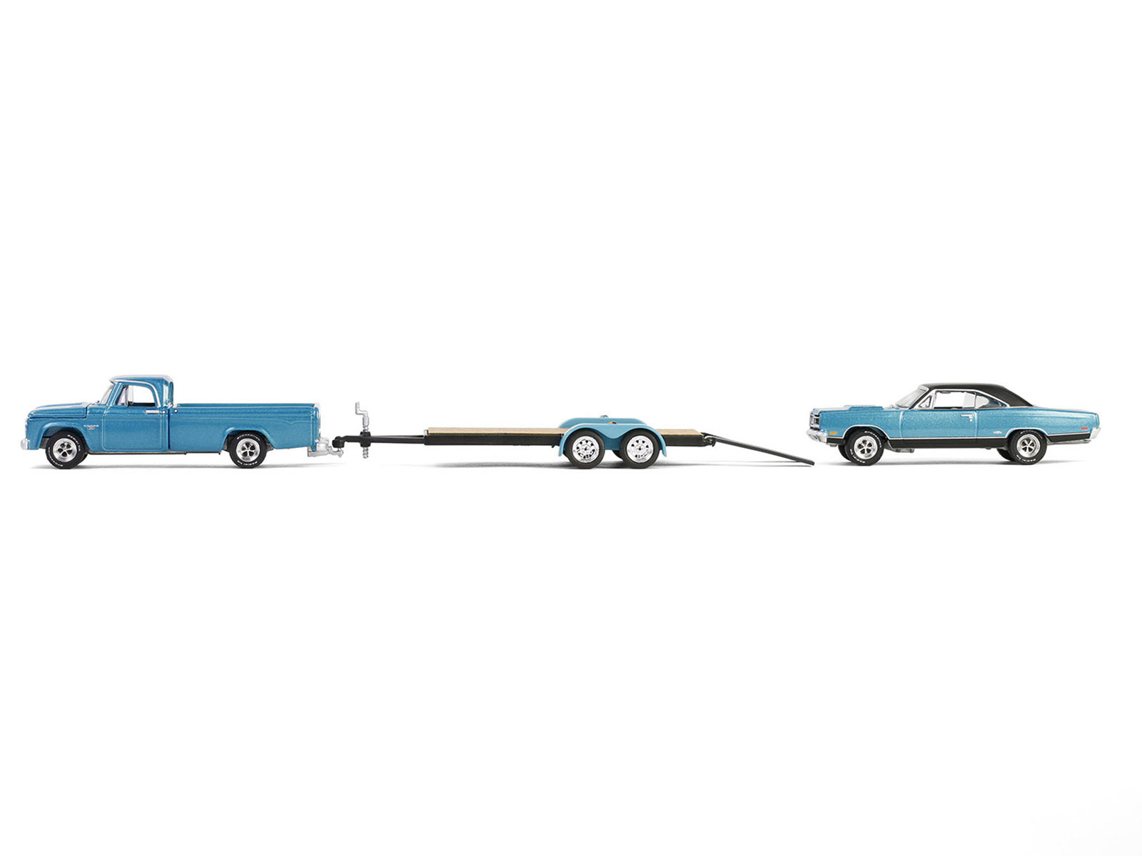 1969 Plymouth GTX Turquoise Metallic and 1967 Dodge D-200 Pickup Truck Turquoise Metallic with Flatbed Trailer "Graveyard Carz" (2012-Current) TV Series "Hollywood Hitch & Tow" Series 13 1/64 Diecast Model Cars by Greenlight