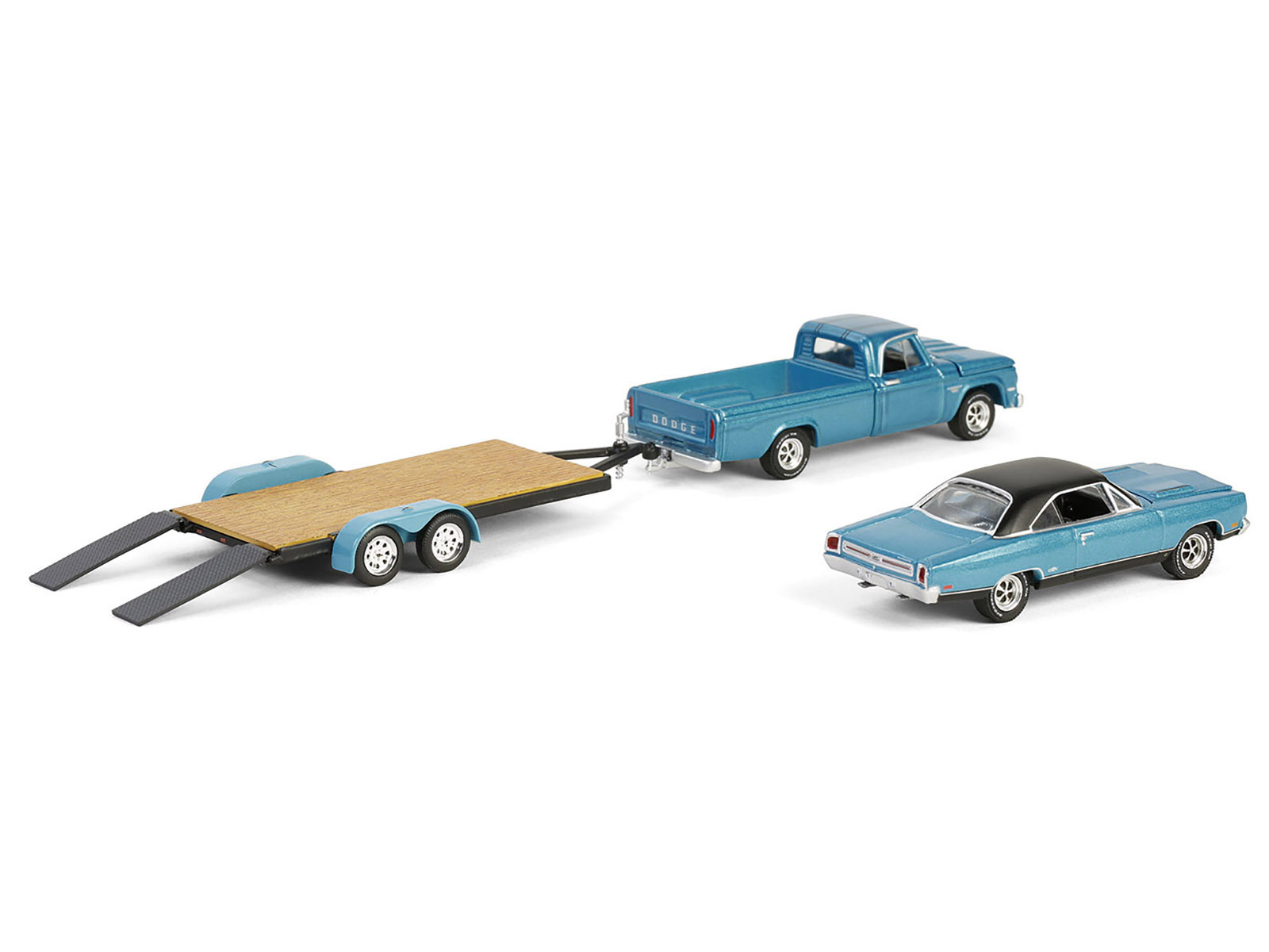 1969 Plymouth GTX Turquoise Metallic and 1967 Dodge D-200 Pickup Truck Turquoise Metallic with Flatbed Trailer "Graveyard Carz" (2012-Current) TV Series "Hollywood Hitch & Tow" Series 13 1/64 Diecast Model Cars by Greenlight