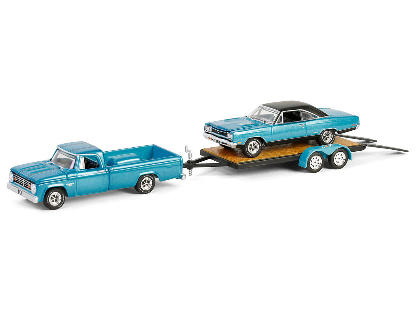 1969 Plymouth GTX Turquoise Metallic and 1967 Dodge D-200 Pickup Truck Turquoise Metallic with Flatbed Trailer "Graveyard Carz" (2012-Current) TV Series "Hollywood Hitch & Tow" Series 13 1/64 Diecast Model Cars by Greenlight