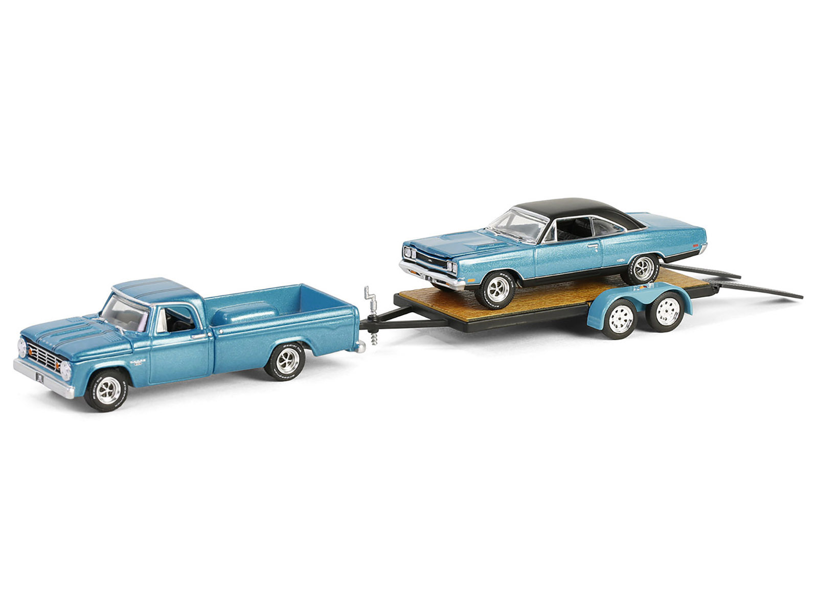 1969 Plymouth GTX Turquoise Metallic and 1967 Dodge D-200 Pickup Truck Turquoise Metallic with Flatbed Trailer "Graveyard Carz" (2012-Current) TV Series "Hollywood Hitch & Tow" Series 13 1/64 Diecast Model Cars by Greenlight