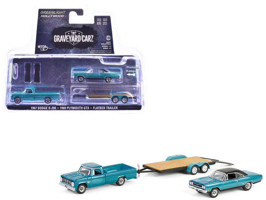 1969 Plymouth GTX Turquoise Metallic and 1967 Dodge D-200 Pickup Truck Turquoise Metallic with Flatbed Trailer "Graveyard Carz" (2012-Current) TV Series "Hollywood Hitch & Tow" Series 13 1/64 Diecast Model Cars by Greenlight