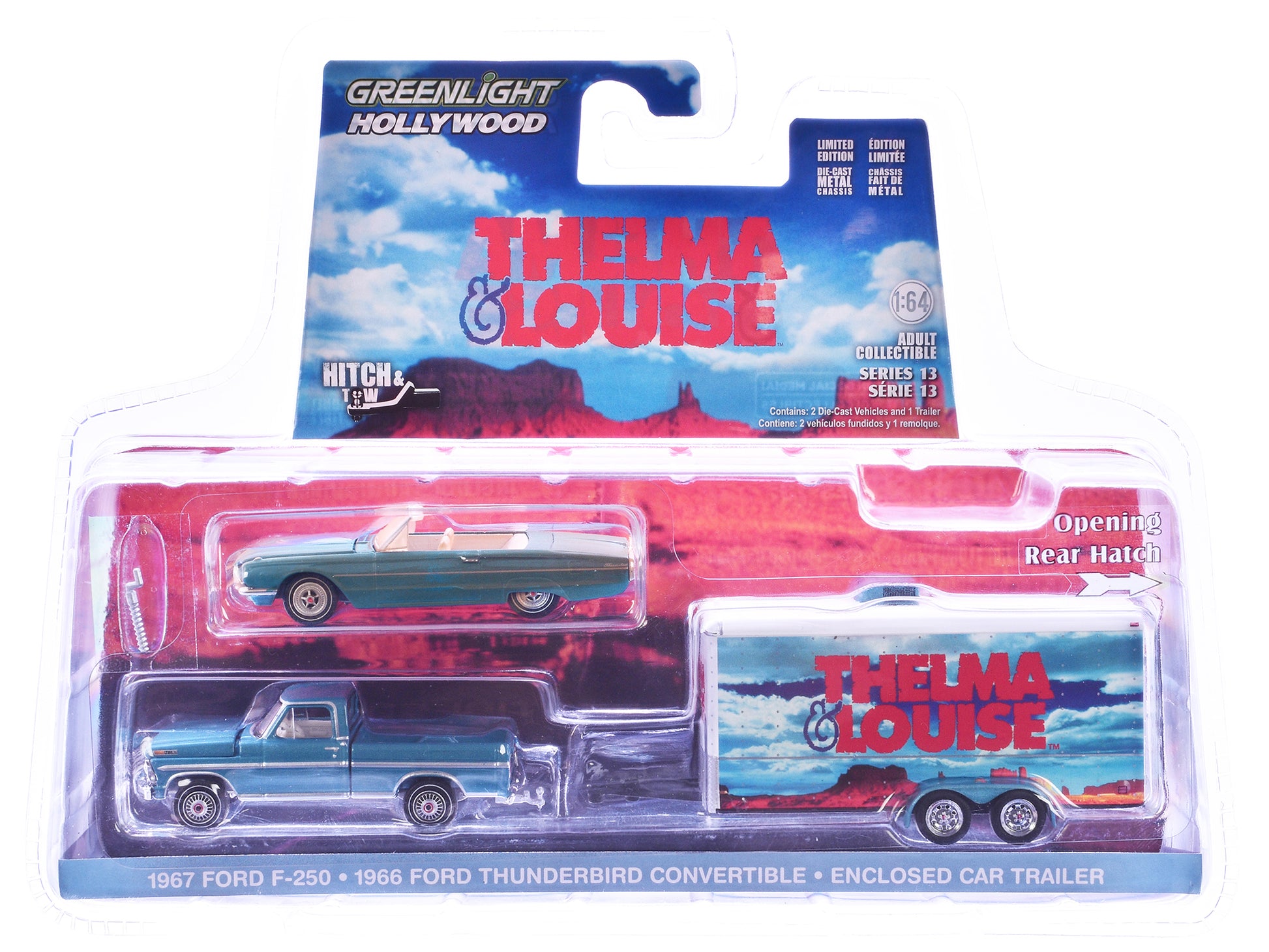 1966 Ford Thunderbird Convertible Blue (Dust Covered) and 1967 Ford F-250 Pickup Truck Blue with Enclosed Car Hauler "Thelma & Louise" (1991) Movie "Hollywood Hitch & Tow" Series 13 1/64 Diecast Model Cars by Greenlight