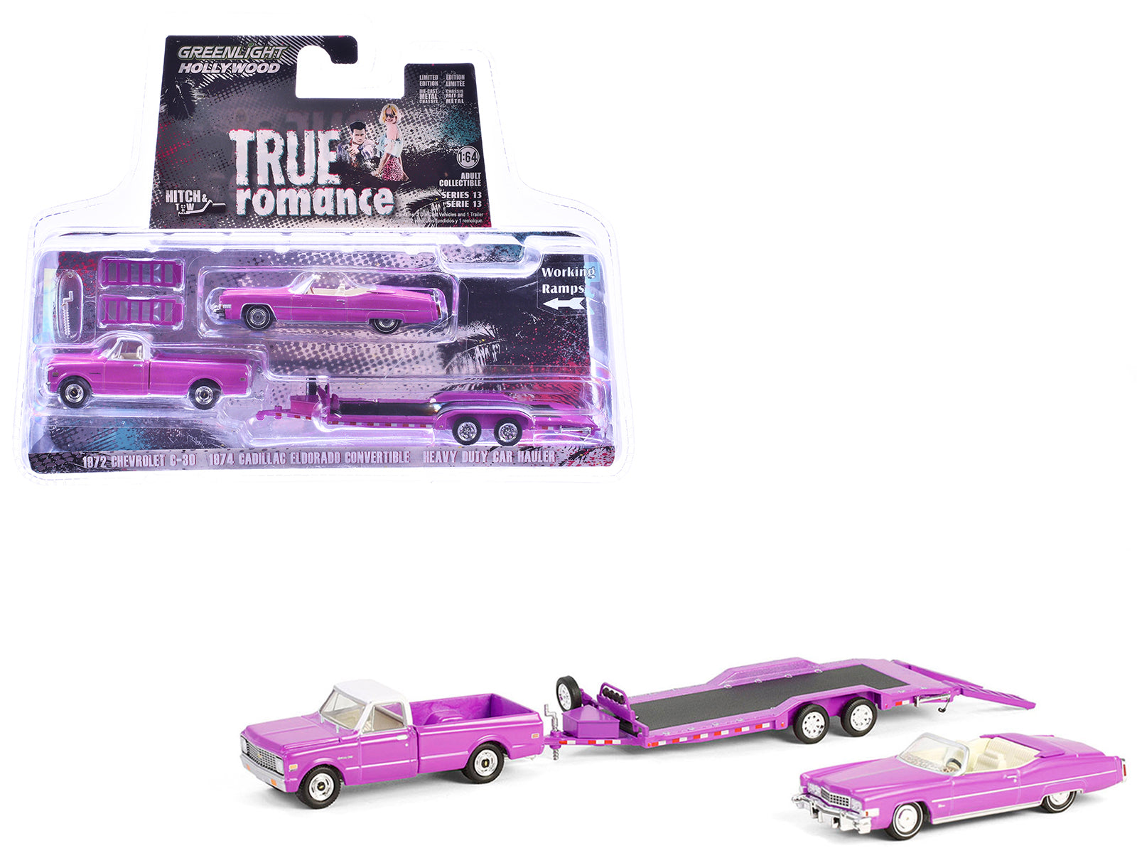 1974 Cadillac Eldorado Convertible Pink and 1972 Chevrolet C-30 Pickup Truck Pink with Heavy Duty Car Hauler "True Romance" (1993) Movie "Hollywood Hitch & Tow" Series 13 1/64 Diecast Model Cars by Greenlight