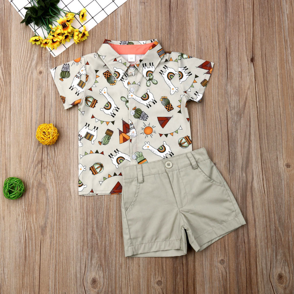 Summer boys and girls suit cartoon printed shirt solid color shorts suit