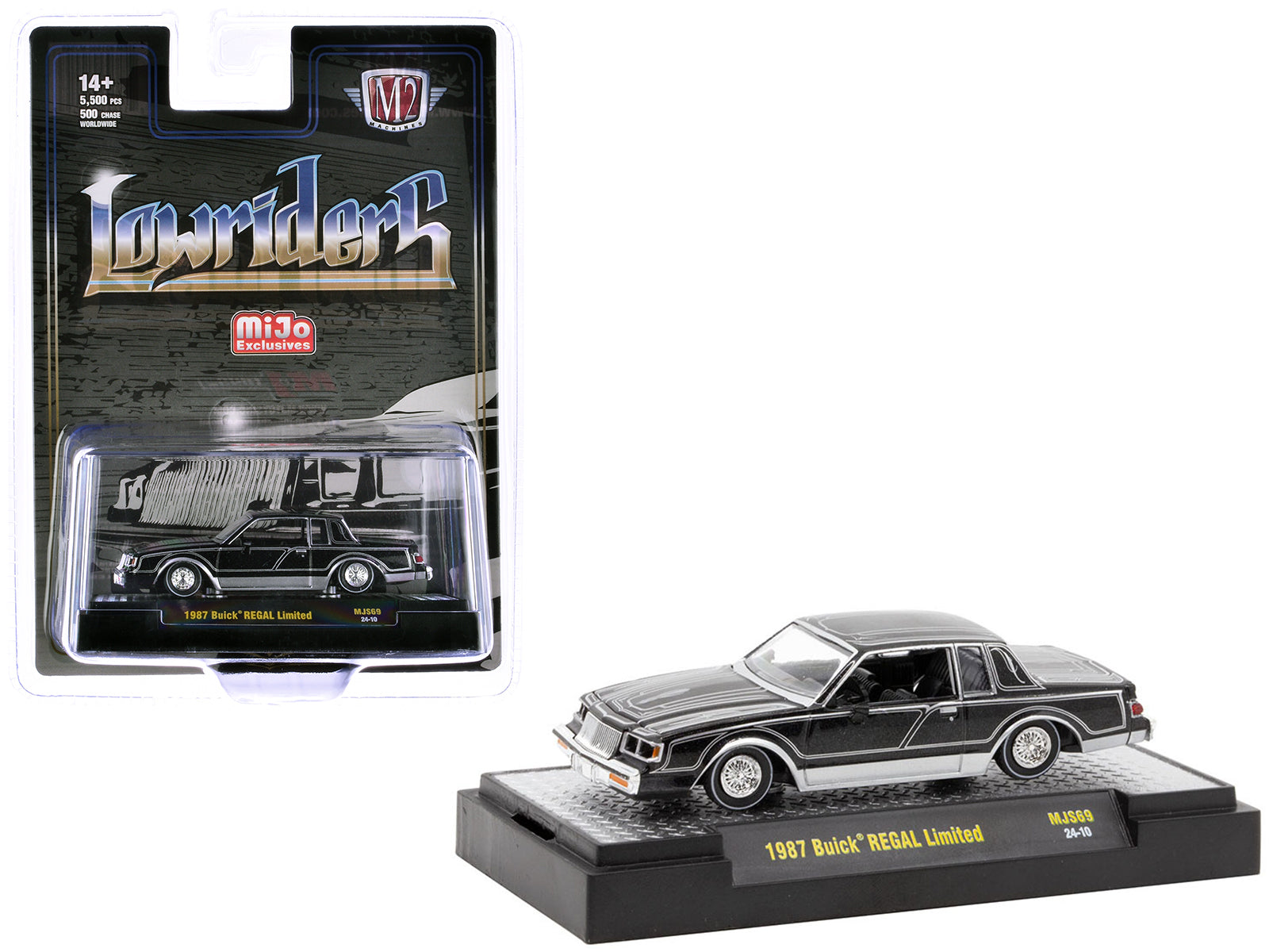 1987 Buick Regal Limited Lowrider Black with Silver Graphics "Lowriders" Limited Edition to 5500 pieces Worldwide 1/64 Diecast Model Car by M2 Machines
