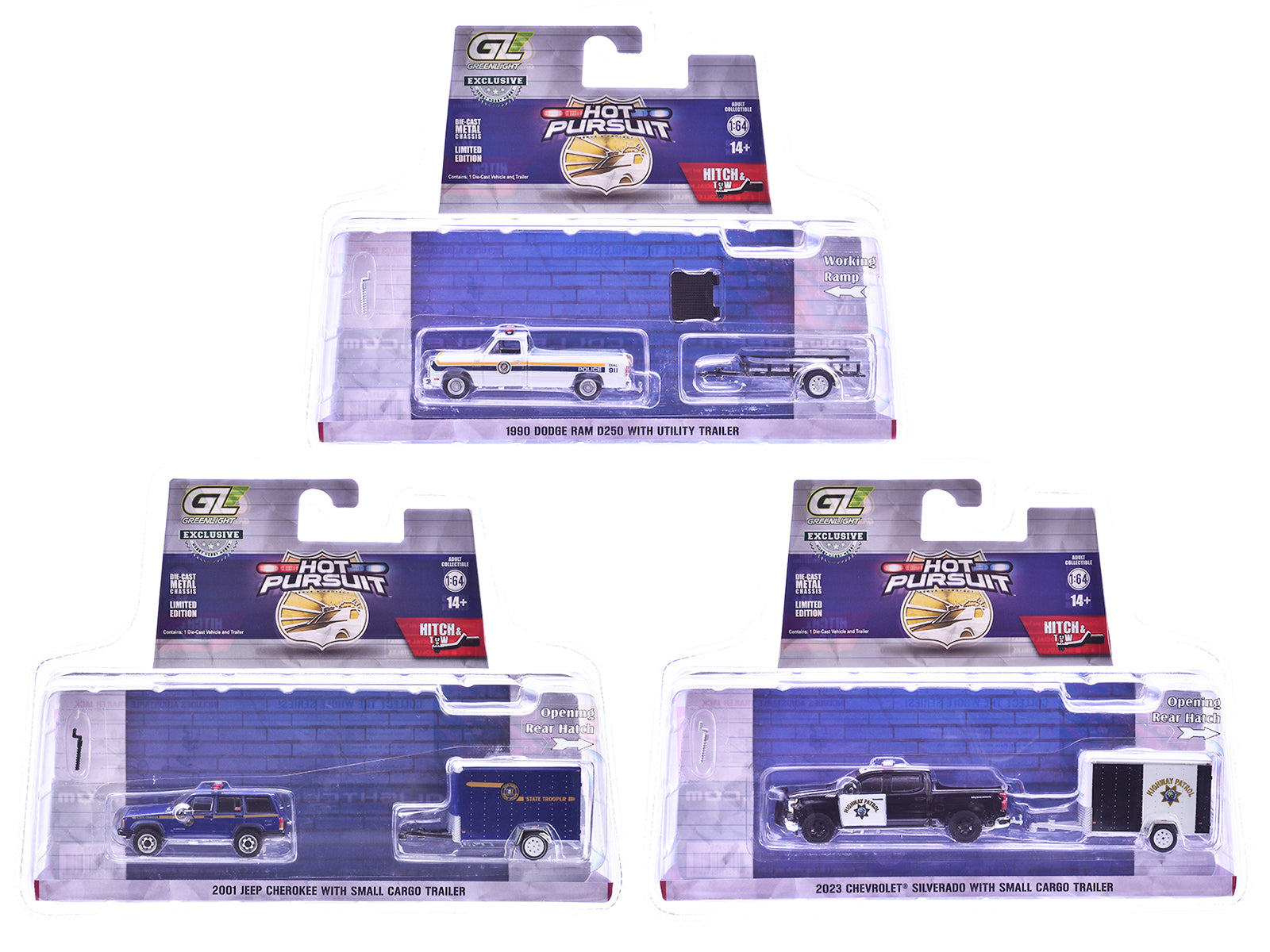 "Hot Pursuit Hitch & Tow" Series 1 Set of 3 pieces 1/64 Diecast Model Cars by Greenlight