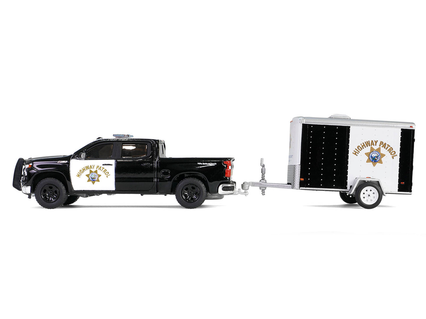 2023 Chevrolet Silverado Pickup Truck "California Highway Patrol" Black and White with Small Cargo Trailer "Hot Pursuit Hitch & Tow" Series 1 1/64 Diecast Model Cars by Greenlight