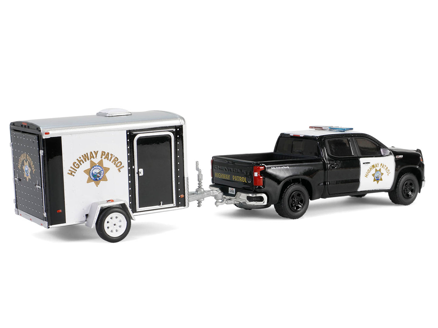 2023 Chevrolet Silverado Pickup Truck "California Highway Patrol" Black and White with Small Cargo Trailer "Hot Pursuit Hitch & Tow" Series 1 1/64 Diecast Model Cars by Greenlight