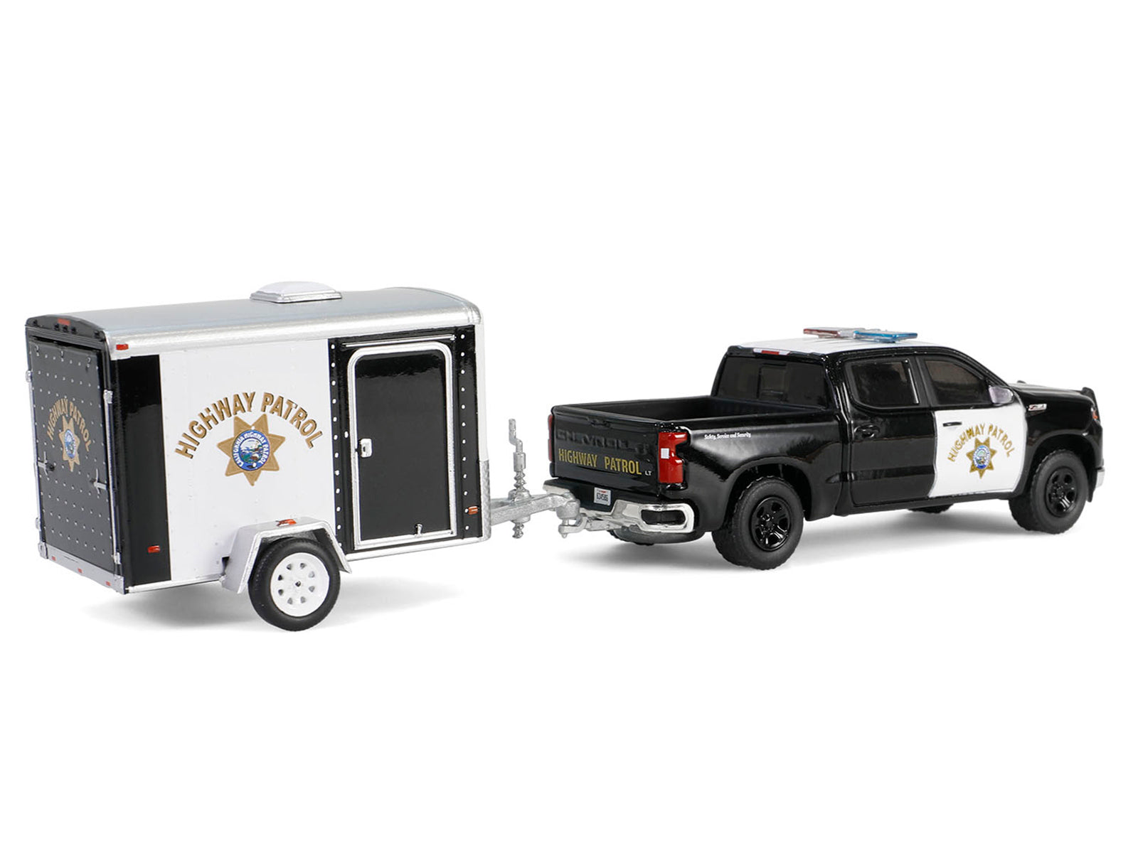 2023 Chevrolet Silverado Pickup Truck "California Highway Patrol" Black and White with Small Cargo Trailer "Hot Pursuit Hitch & Tow" Series 1 1/64 Diecast Model Cars by Greenlight
