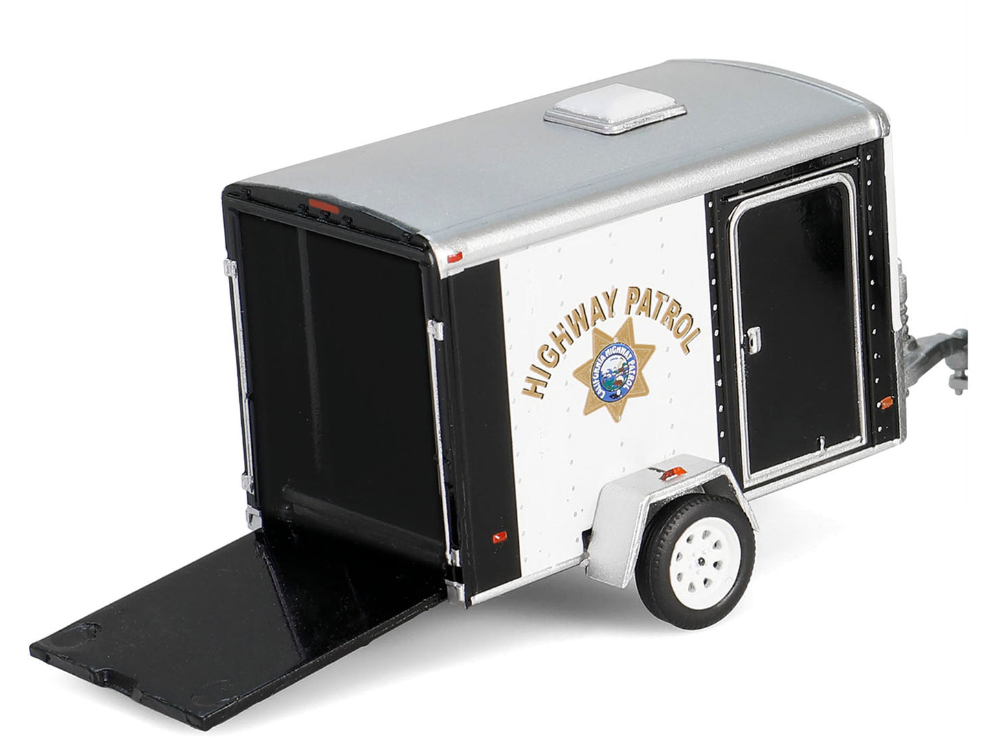 2023 Chevrolet Silverado Pickup Truck "California Highway Patrol" Black and White with Small Cargo Trailer "Hot Pursuit Hitch & Tow" Series 1 1/64 Diecast Model Cars by Greenlight