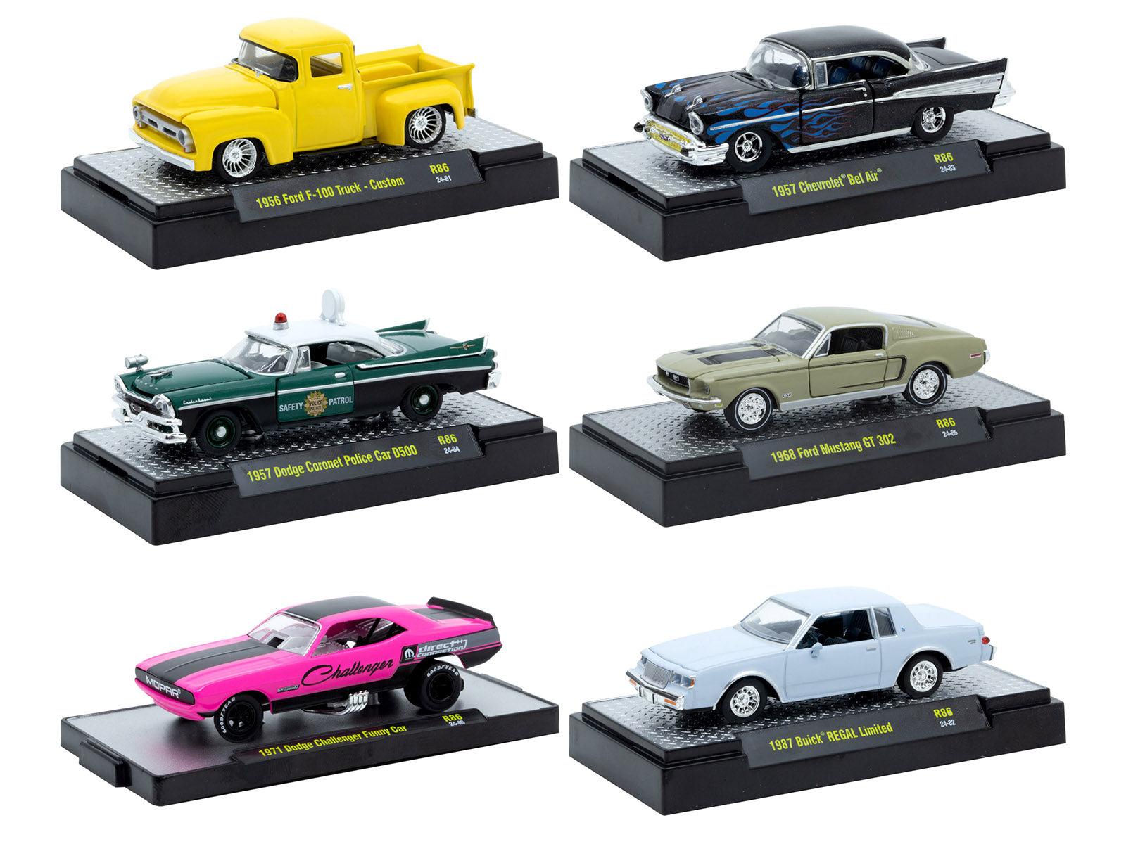 "Auto Meets" Set of 6 Cars IN DISPLAY CASES Release 86 Limited Edition 1/64 Diecast Model Cars by M2 Machines
