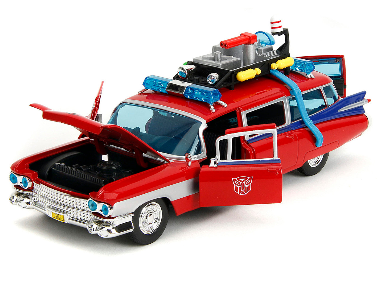1959 Cadillac Ambulance Ecto-1 Red "Transformers" TV Series - "Ghostbusters" (1984) Movie Crossover "Hollywood Rides" Series 1/24 Diecast Model Car by Jada