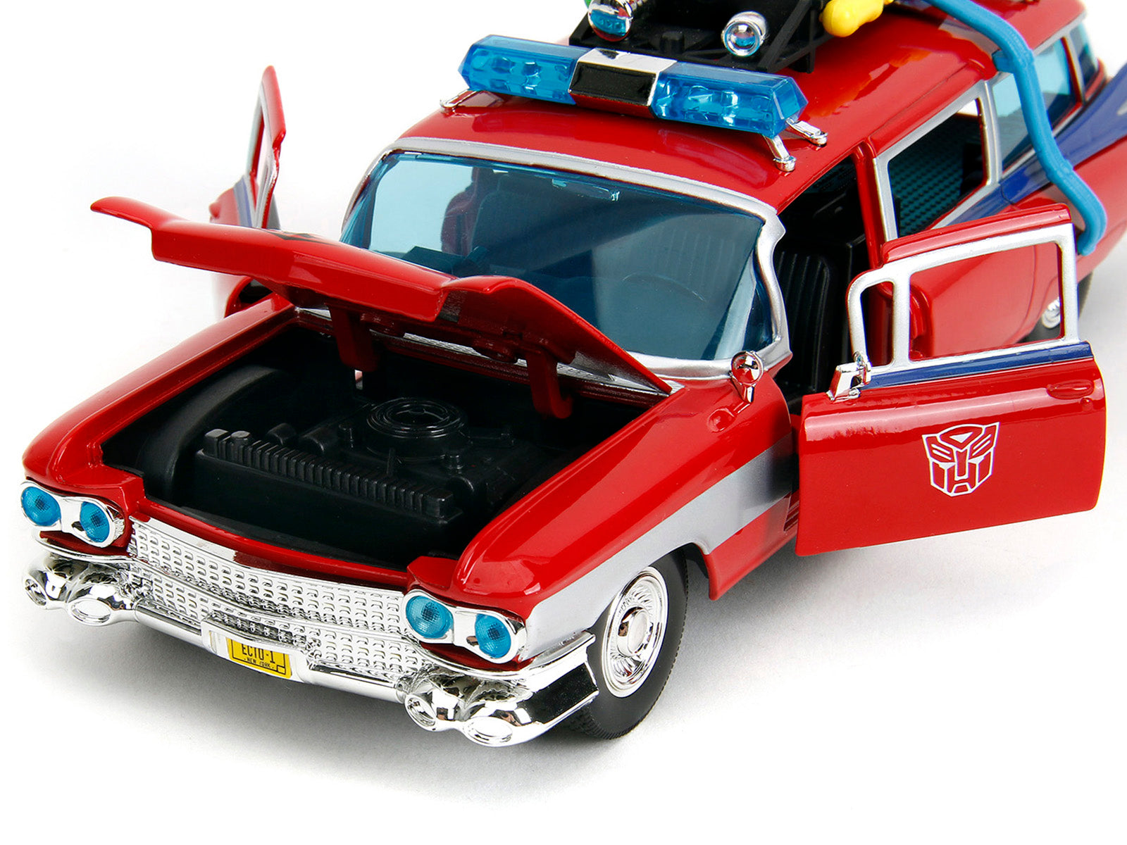 1959 Cadillac Ambulance Ecto-1 Red "Transformers" TV Series - "Ghostbusters" (1984) Movie Crossover "Hollywood Rides" Series 1/24 Diecast Model Car by Jada