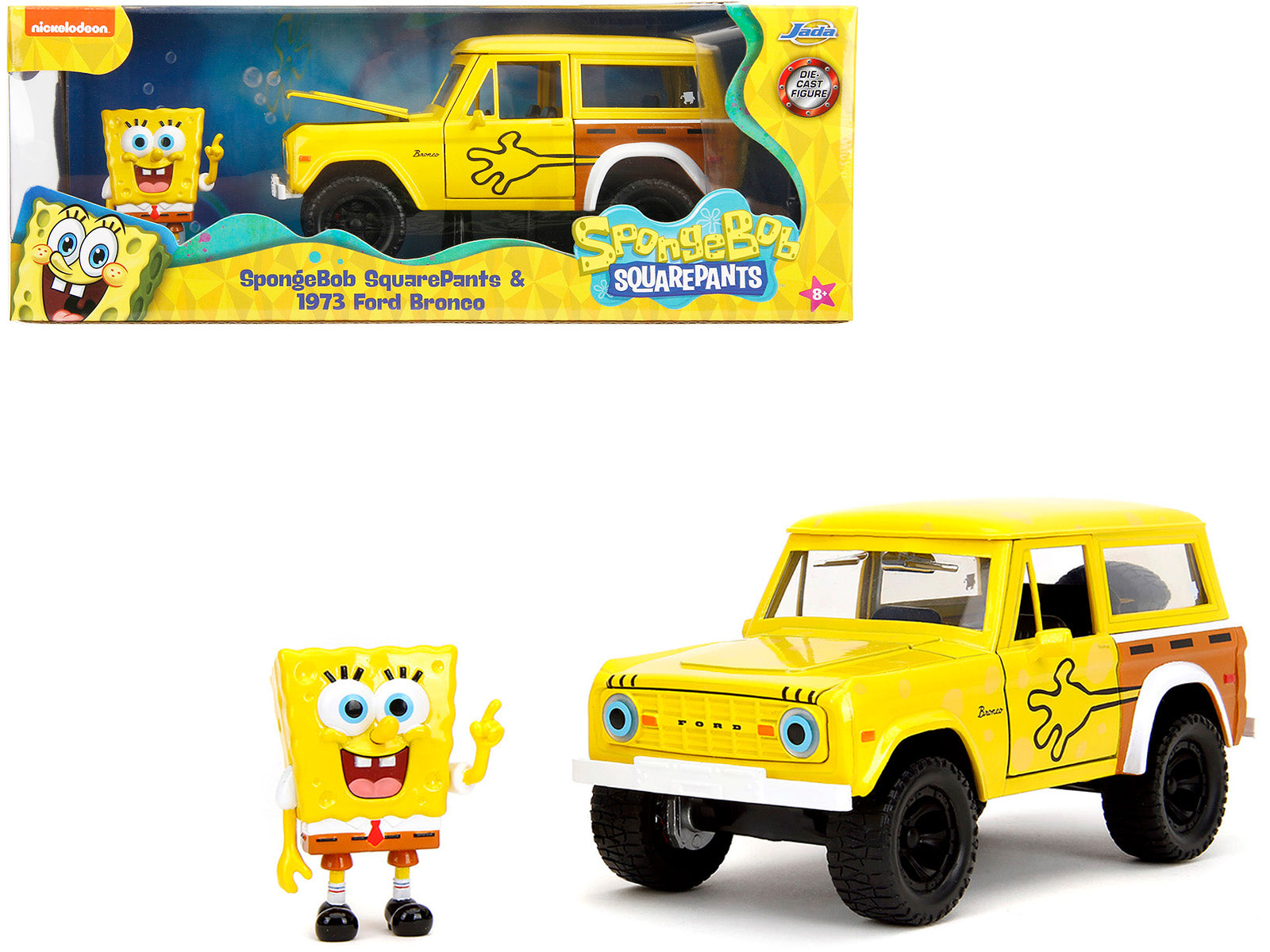 1973 Ford Bronco Yellow with Graphics and SpongeBob SquarePants Diecast Figure "SpongeBob SquarePants" (1999‚ÄìCurrent) TV Series "Hollywood Rides" Series 1/24 Diecast Model Car by Jada