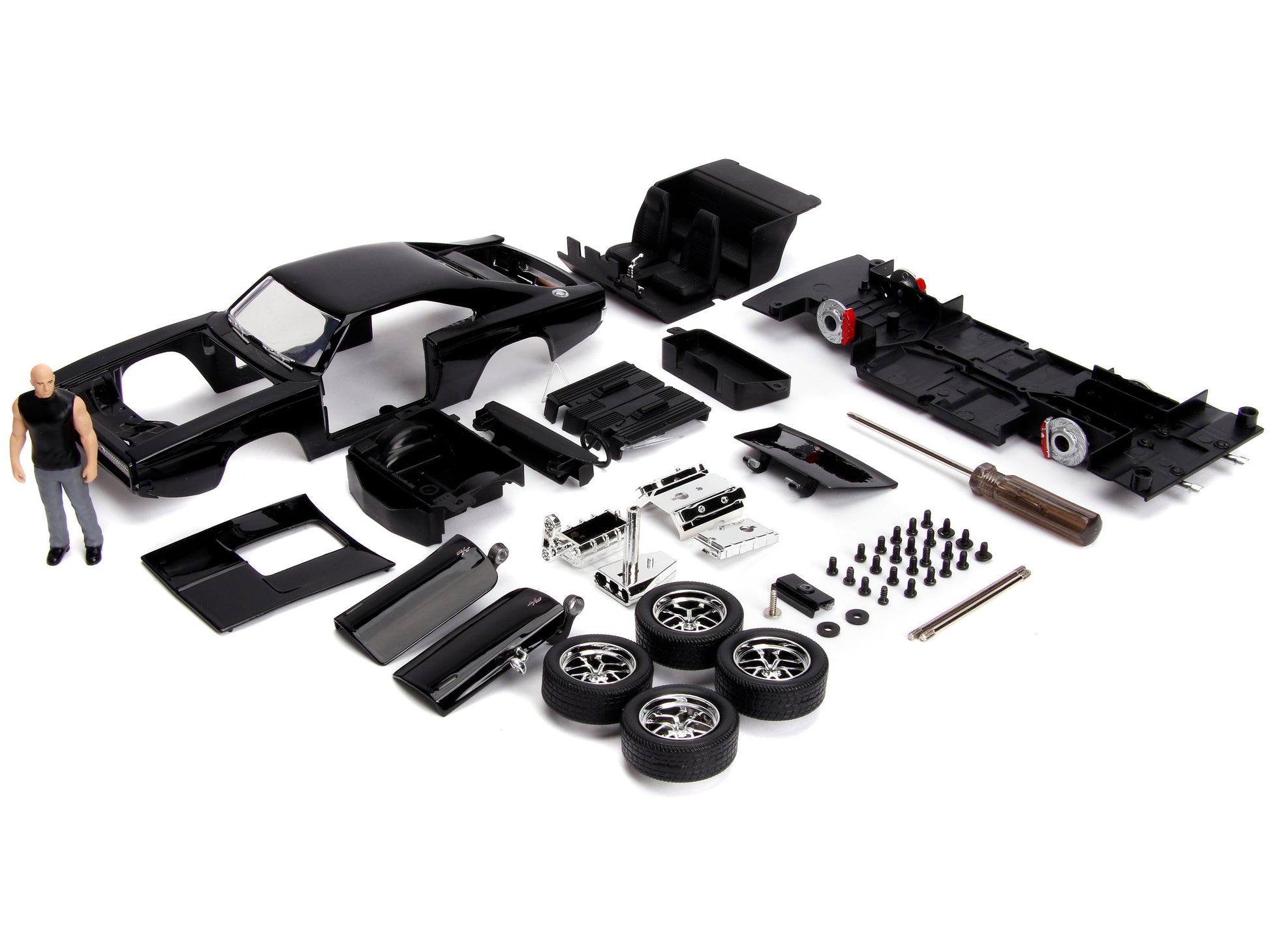 Model Kit Dodge Charger R/T Black and Dom Diecast Figure "Fast & Furious" Movie "Build N' Collect" Series 1/24 Diecast Model Car by Jada