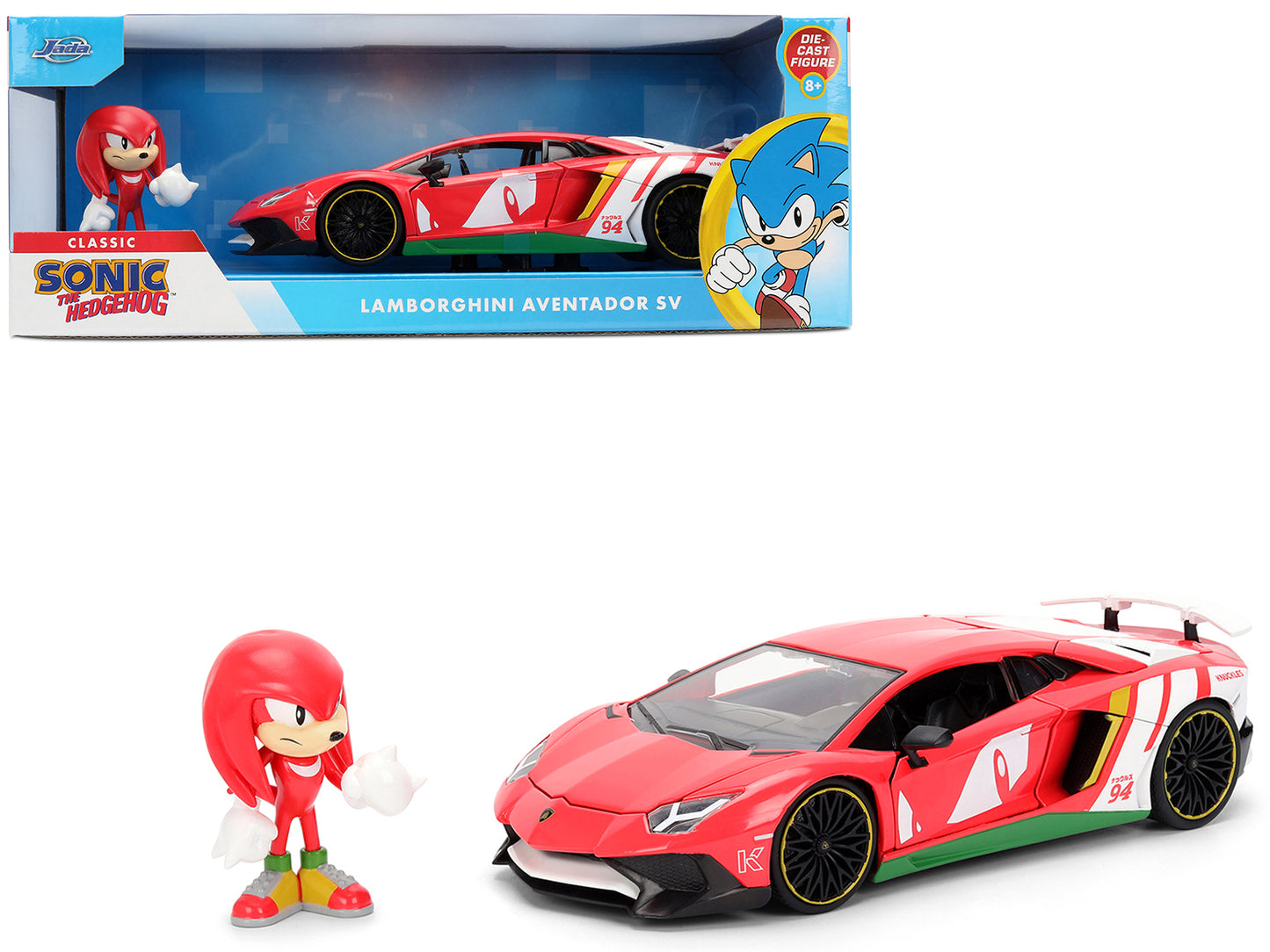 Lamborghini Aventador SV Red with Graphics and Knuckles Diecast Figure "Sonic The Hedgehog" Franchise "Hollywood Rides" Series 1/24 Diecast Model by Jada