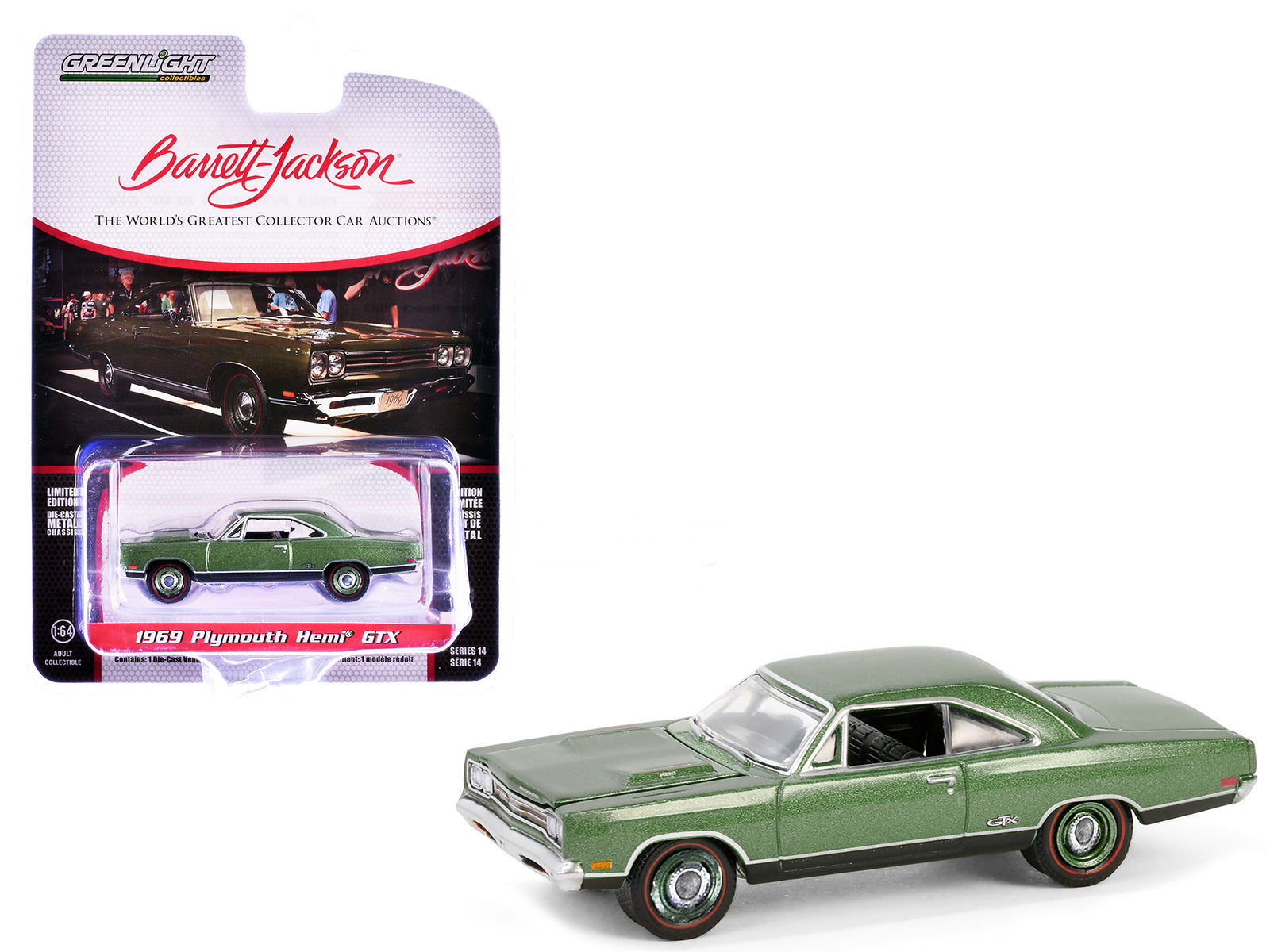 1969 Plymouth HEMI GTX F8 Ivy Green Metallic (Palm Beach 2023) Barrett Jackson "Scottsdale Edition" Series 14 1/64 Diecast Model Car by Greenlight