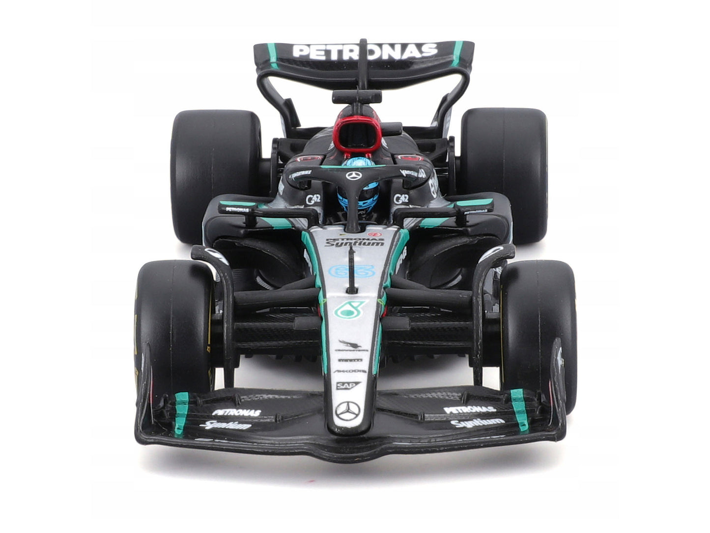 Mercedes-AMG F1 W15 E Performance #63 George Russell "Petronas" Formula One F1 World Championship (2024) with Driver Figure and Display Case "Race" Series 1/43 Diecast Model Car by Bburago