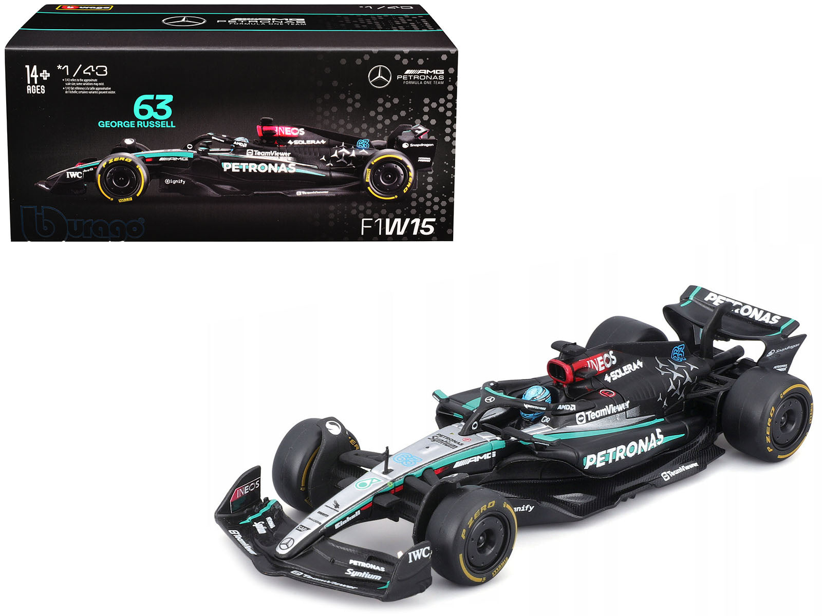 Mercedes-AMG F1 W15 E Performance #63 George Russell "Petronas" Formula One F1 World Championship (2024) with Driver Figure and Display Case "Race" Series 1/43 Diecast Model Car by Bburago