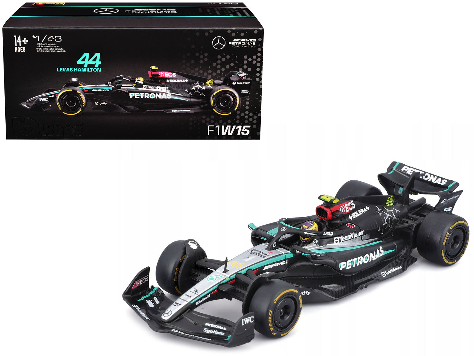Mercedes-AMG F1 W15 E Performance #44 Lewis Hamilton "Petronas" Formula One F1 World Championship (2024) with Driver Figure and Display Case "Race" Series 1/43 Diecast Model Car by Bburago