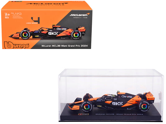 McLaren MCL38 #4 Lando Norris "OKX" Winner Formula One F1 "Miami GP" (2024) with Driver Figure and Display Case "Race" Series 1/43 Diecast Model Car by Bburago