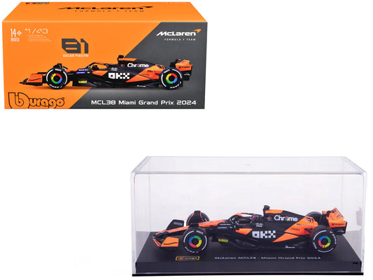 McLaren MCL38 #81 Oscar Piastri "OKX" Formula One F1 "Miami GP" (2024) with Driver Figure and Display Case "Race" Series 1/43 Diecast Model Car by Bburago