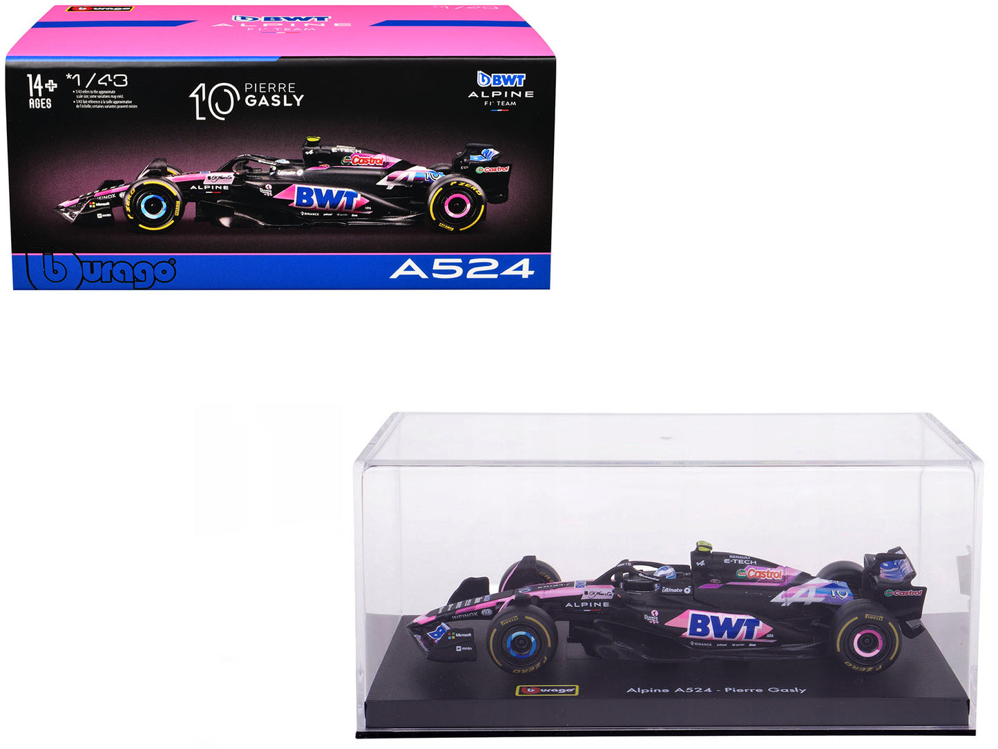 Alpine A524 #10 Pierre Gasly "BWT" "Formula One F1 World Championship" (2024) with Driver Figure and Display Case "Race" Series 1/43 Diecast Model Car by Bburago