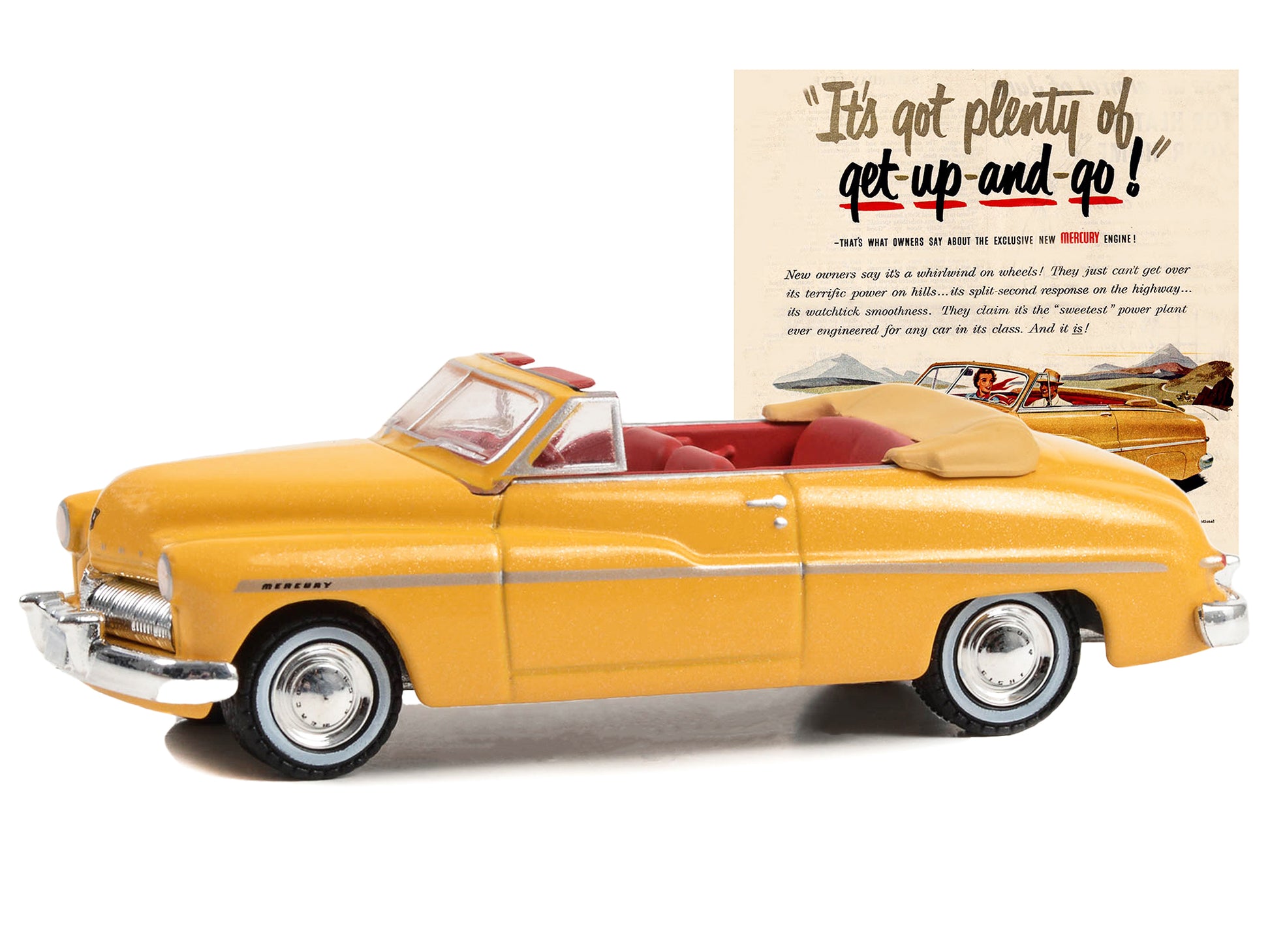 1949 Mercury Eight Convertible Yellow Metallic with Red Interior "It‚Äôs Got Plenty Of Get-Up-And-Go!" "Vintage Ad Cars" Series 9 1/64 Diecast Model Car by Greenlight