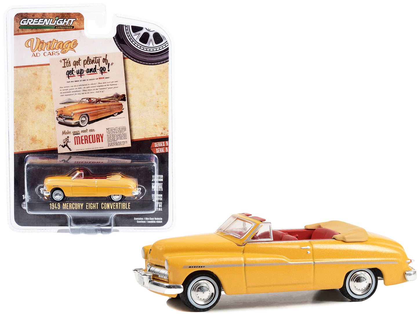 1949 Mercury Eight Convertible Yellow Metallic with Red Interior "It‚Äôs Got Plenty Of Get-Up-And-Go!" "Vintage Ad Cars" Series 9 1/64 Diecast Model Car by Greenlight