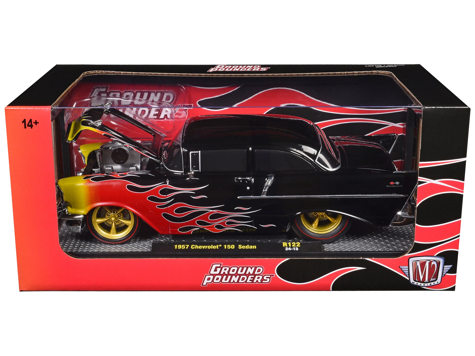 1957 Chevrolet 150 Sedan Black with Flames Graphics Limited Edition to 4250 pieces Worldwide 1/24 Diecast Model Car by M2 Machines