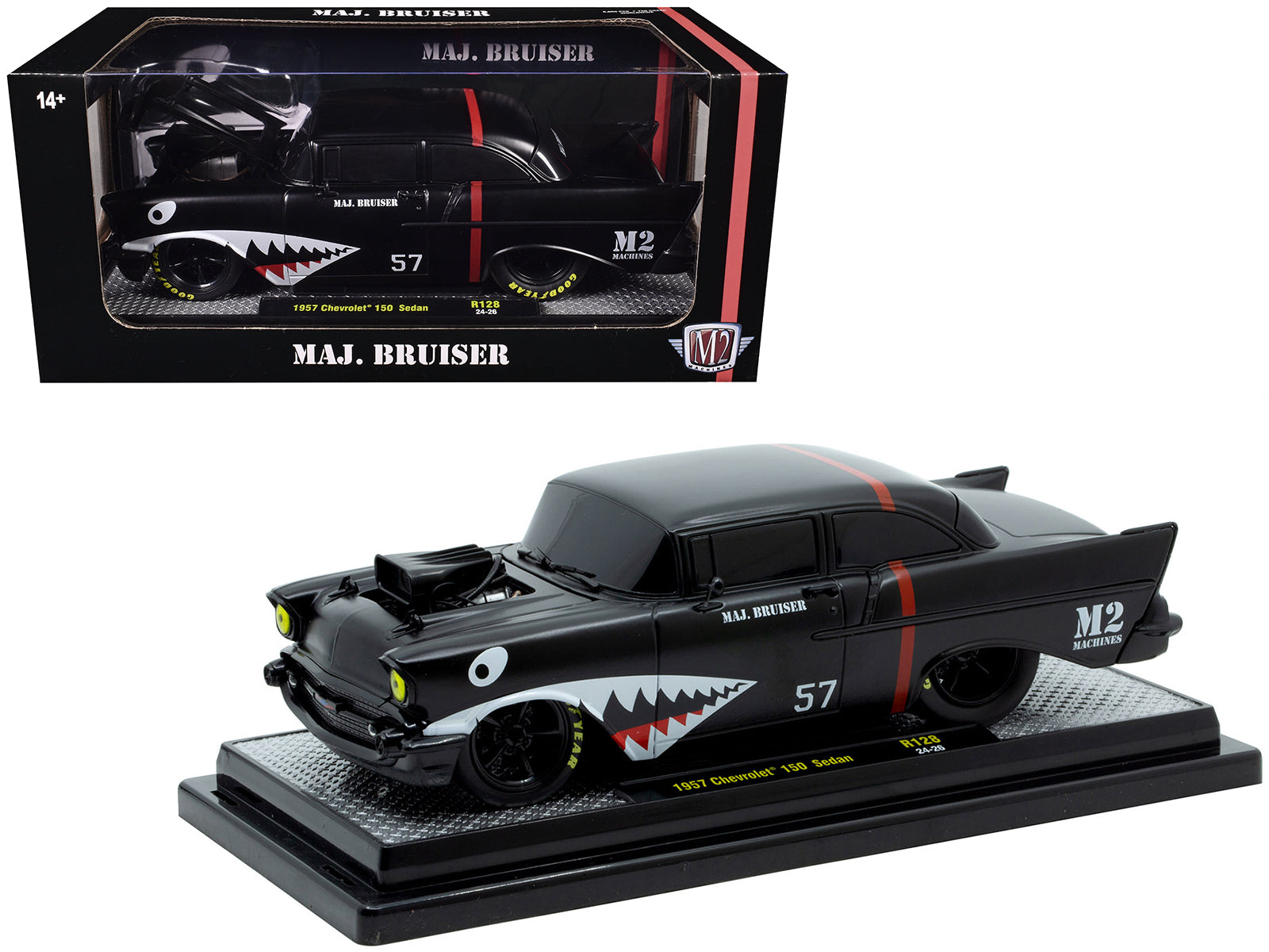 1957 Chevrolet 150 Sedan "Maj. Bruiser" Matt Black with Red Stripe and Shark Mouth Graphics Limited Edition to 6650 pieces Worldwide 1/24 Diecast Model Car by M2 Machines