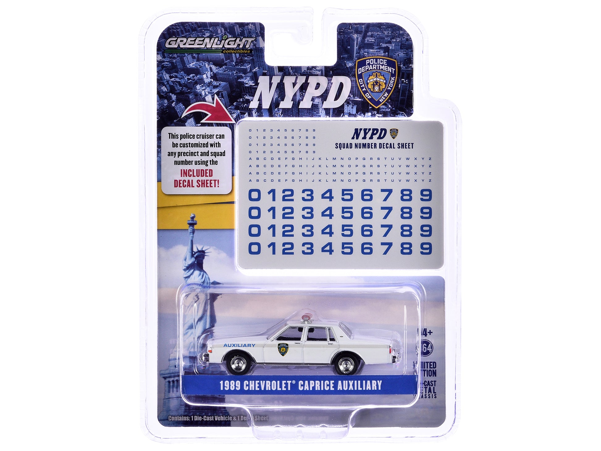 1989 Chevrolet Caprice "New York Police Department (NYPD)" White with NYPD Squad Number Decal Sheet "Hobby Exclusive" Series 1/64 Diecast Model Car by Greenlight