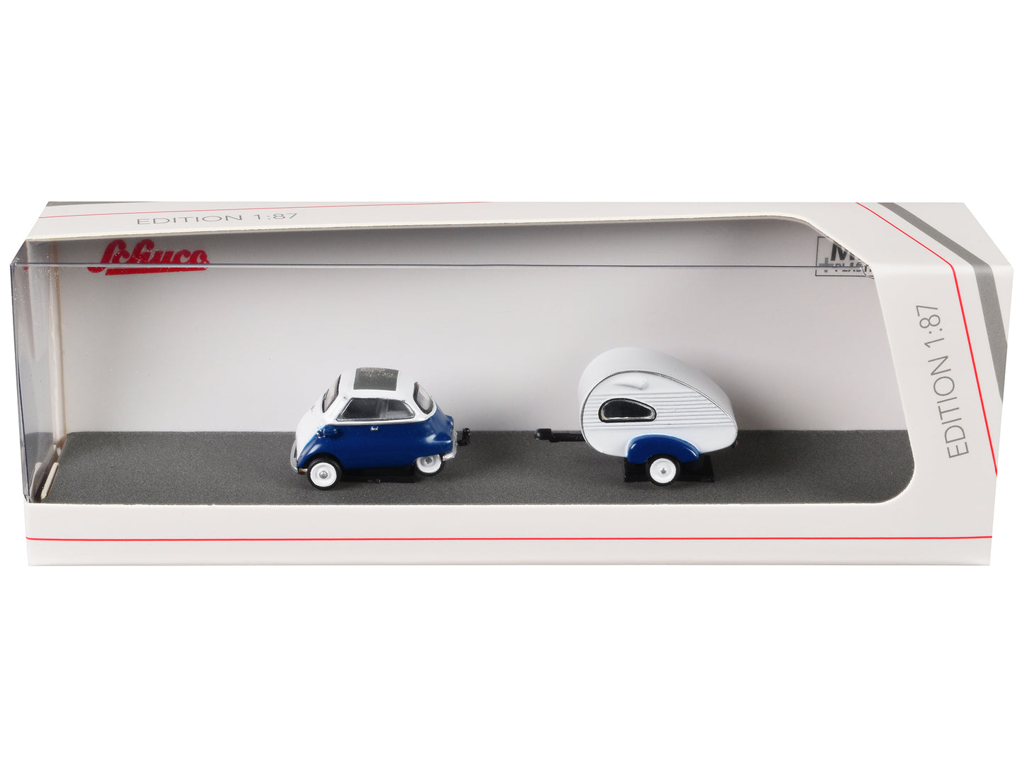 BMW Isetta Blue and White with Home Trailer 1/87 (HO) Diecast Model Car by Schuco