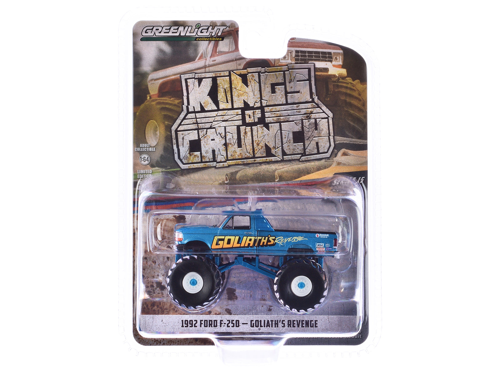 1992 Ford F-250 Monster Truck Blue Metallic "Goliath‚Äôs Revenge" "Kings of Crunch" Series 15 1/64 Diecast Model Car by Greenlight