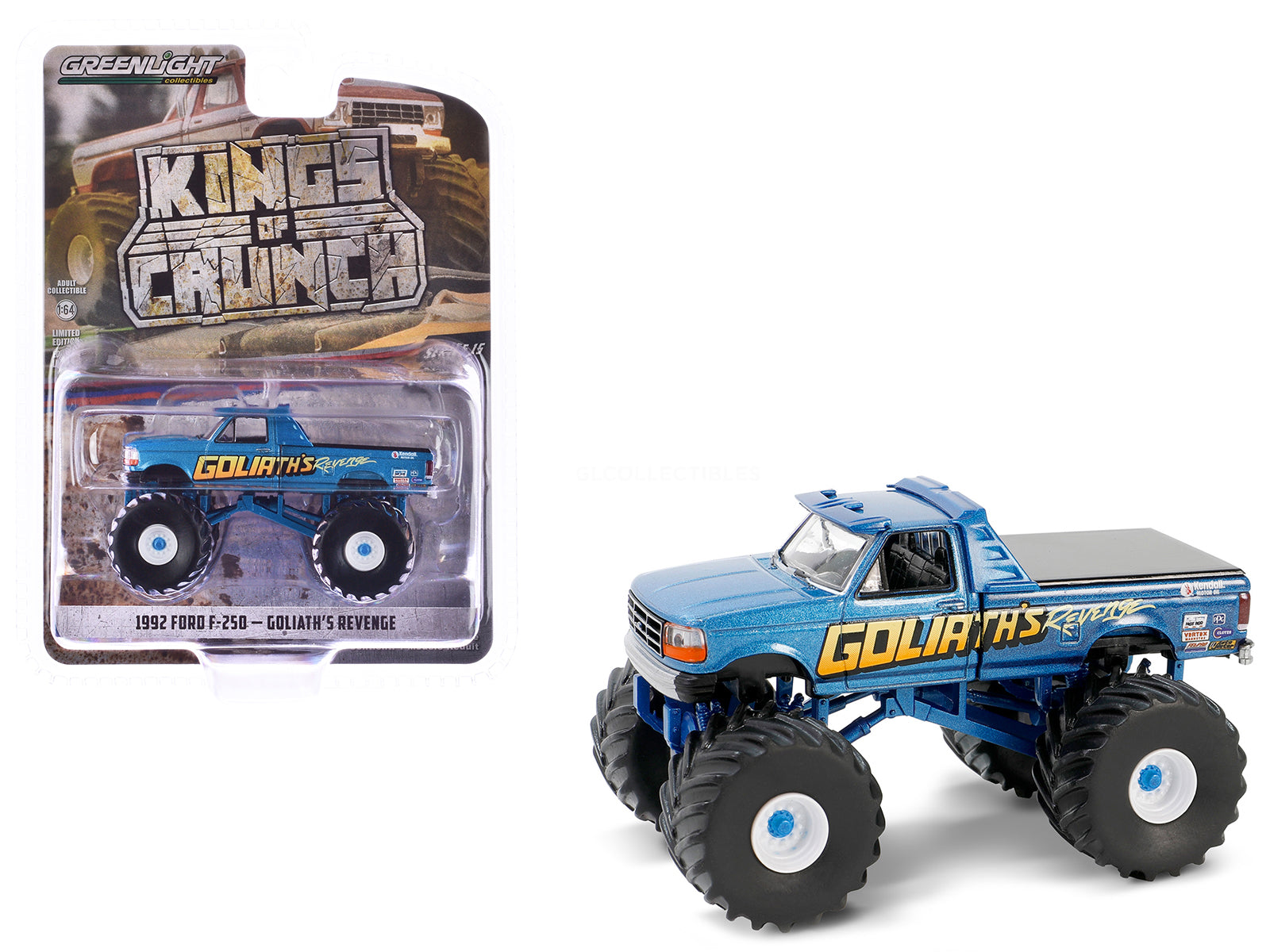 1992 Ford F-250 Monster Truck Blue Metallic "Goliath‚Äôs Revenge" "Kings of Crunch" Series 15 1/64 Diecast Model Car by Greenlight