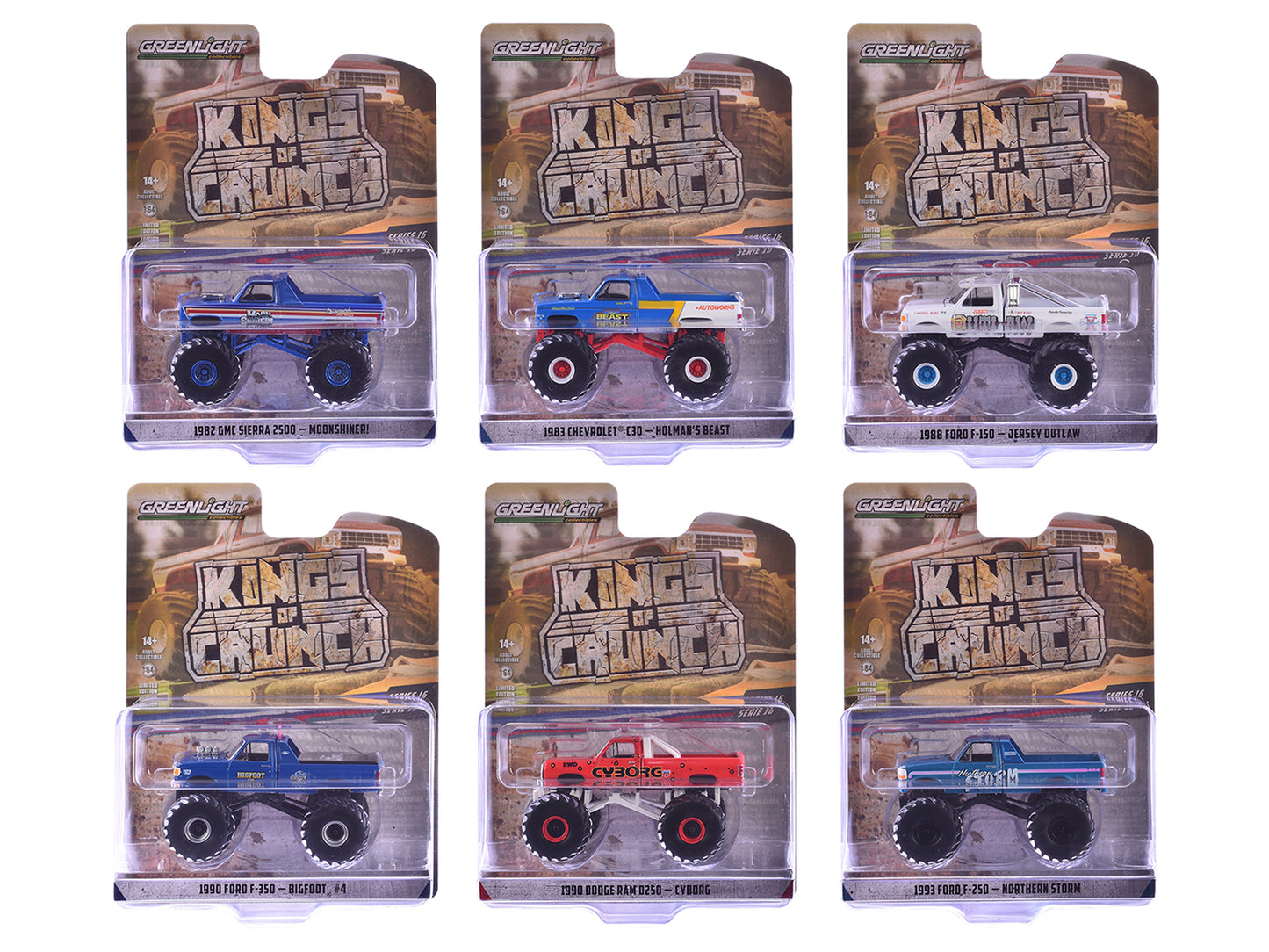 "Kings of Crunch" Series 16 Set of 6 Monster Trucks 1/64 Diecast Model Cars by Greenlight