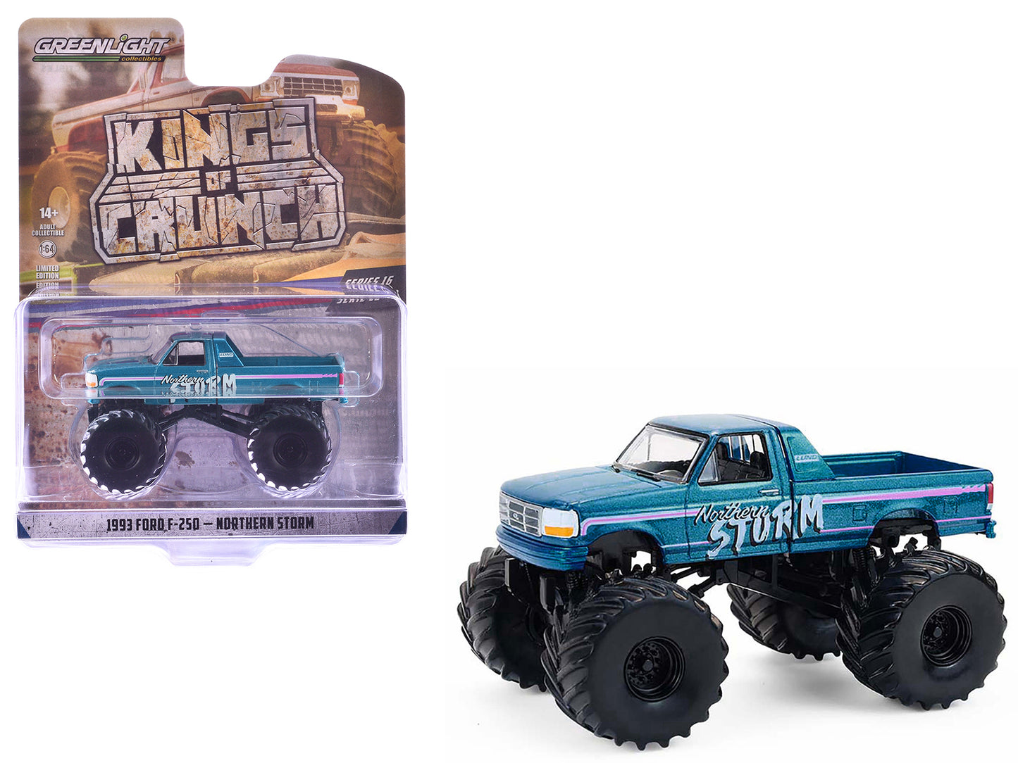 1993 Ford F-250 Monster Truck "Northern Storm" Teal Metallic "Kings of Crunch" Series 16 1/64 Diecast Model Car by Greenlight