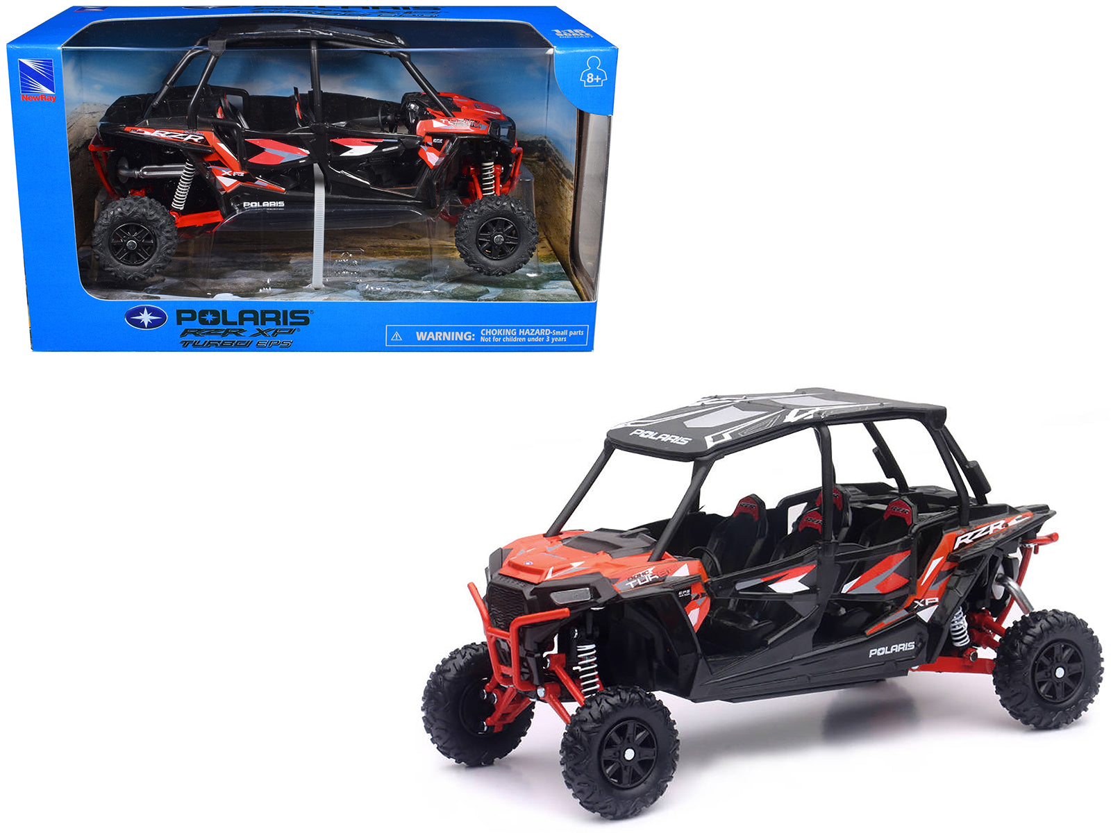 Polaris RZR XP 4 Turbo EPS Sport UTV Spectra Orange with Graphics and Black Top 1/18 Diecast Model by New Ray