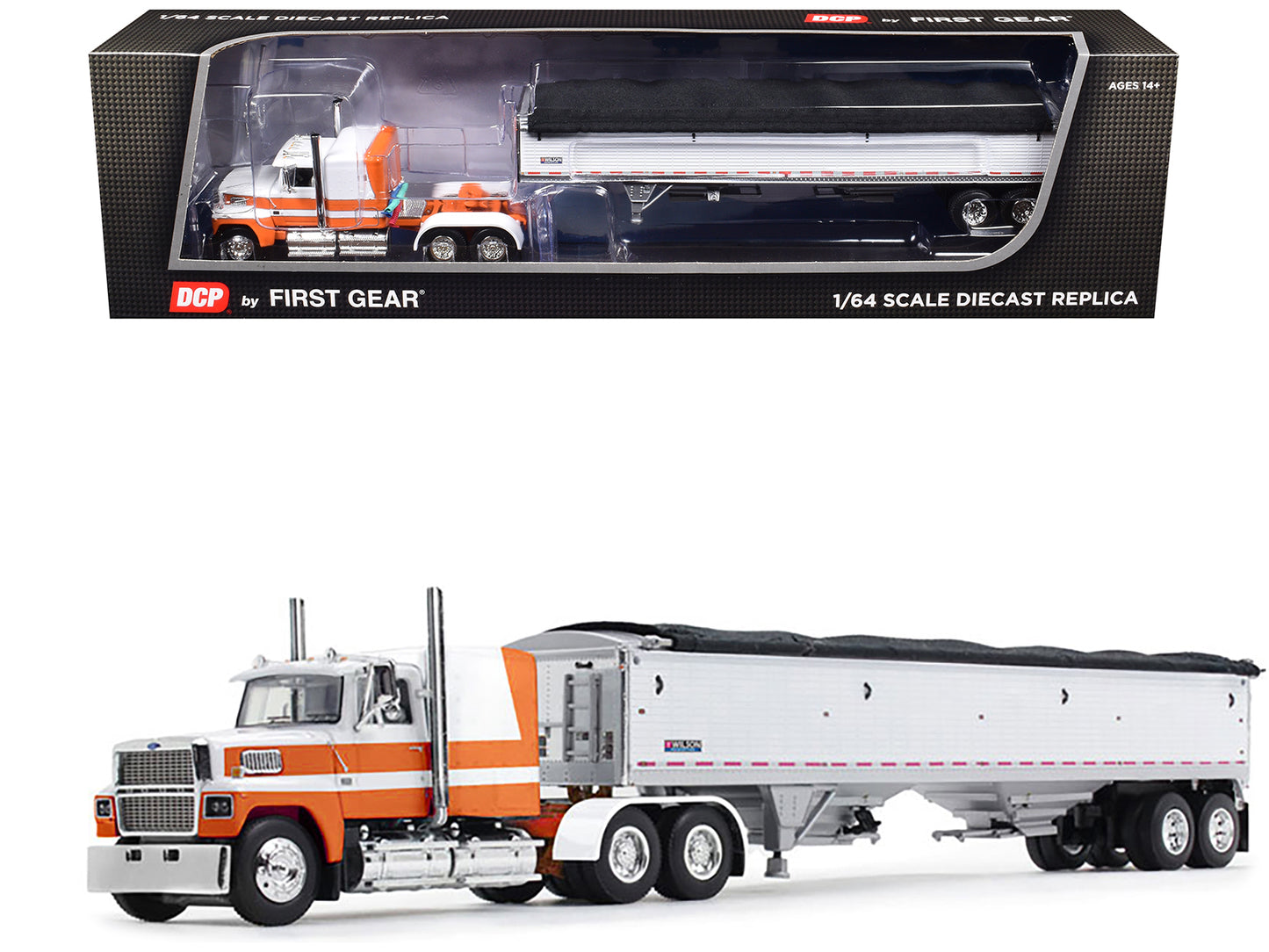 Ford LTL 9000 60" Aerodyne Sleeper with Wilson Pacesetter Grain Trailer Orange and White 1/64 Diecast Model by DCP/First Gear