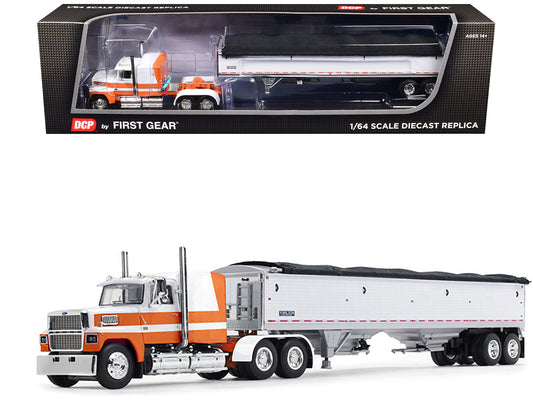 Ford LTL 9000 60" Aerodyne Sleeper with Wilson Pacesetter Grain Trailer Orange and White 1/64 Diecast Model by DCP/First Gear