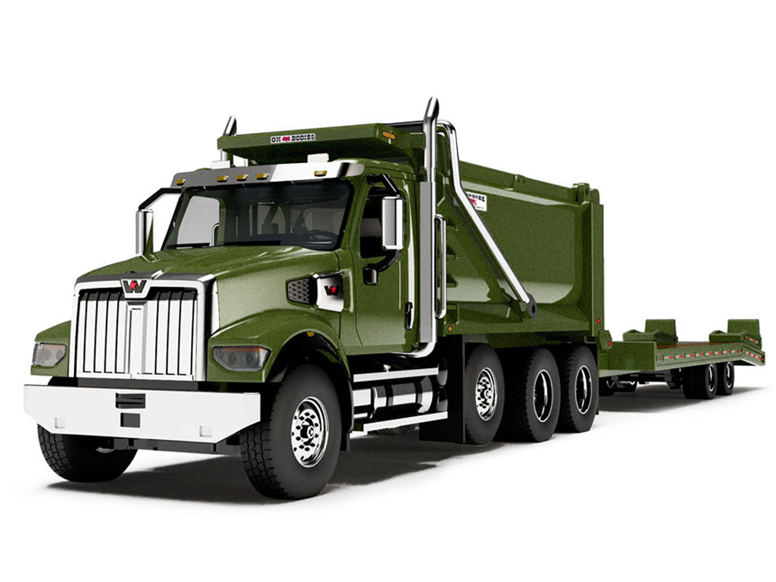 Western Star 49X Truck with Ox Bodies Dump & Beaver Tail Trailer Green Metallic 1/64 Diecast Model by DCP/First Gear
